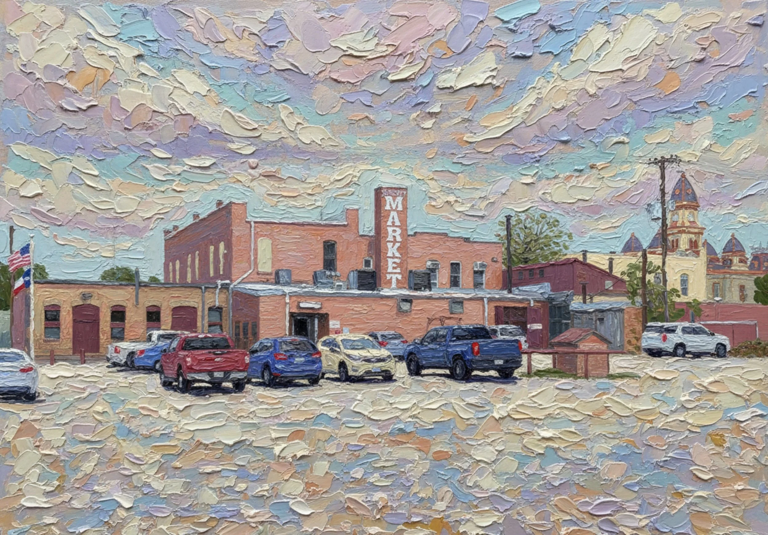 A colorful oil painting of a Smittys Market in Lockhart, TX with parked cars.