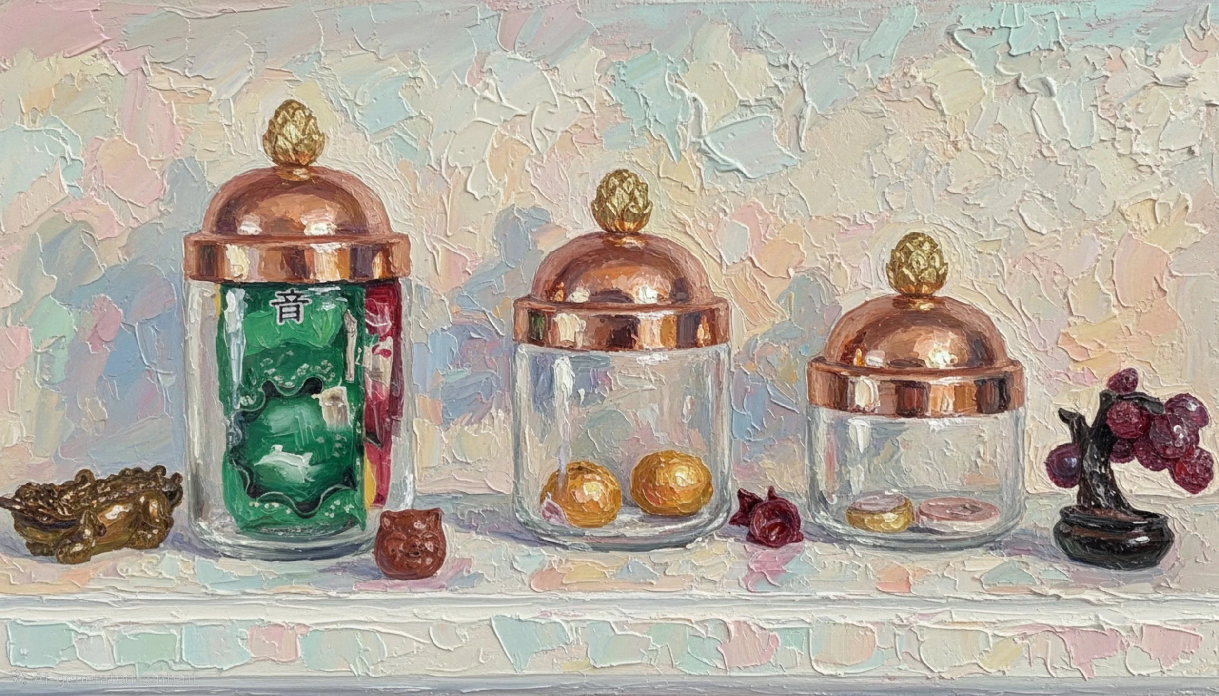 Copper jars with tea collection painted in an abstract pastel style
