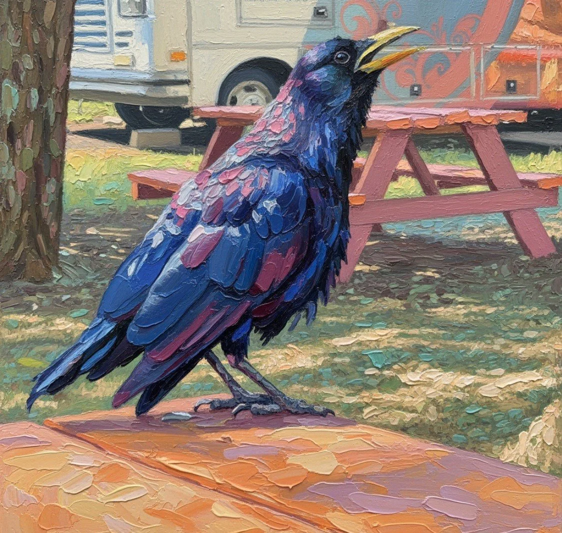 grackle on a picnic table with a tree, picnic table and truck in the background with grass all around