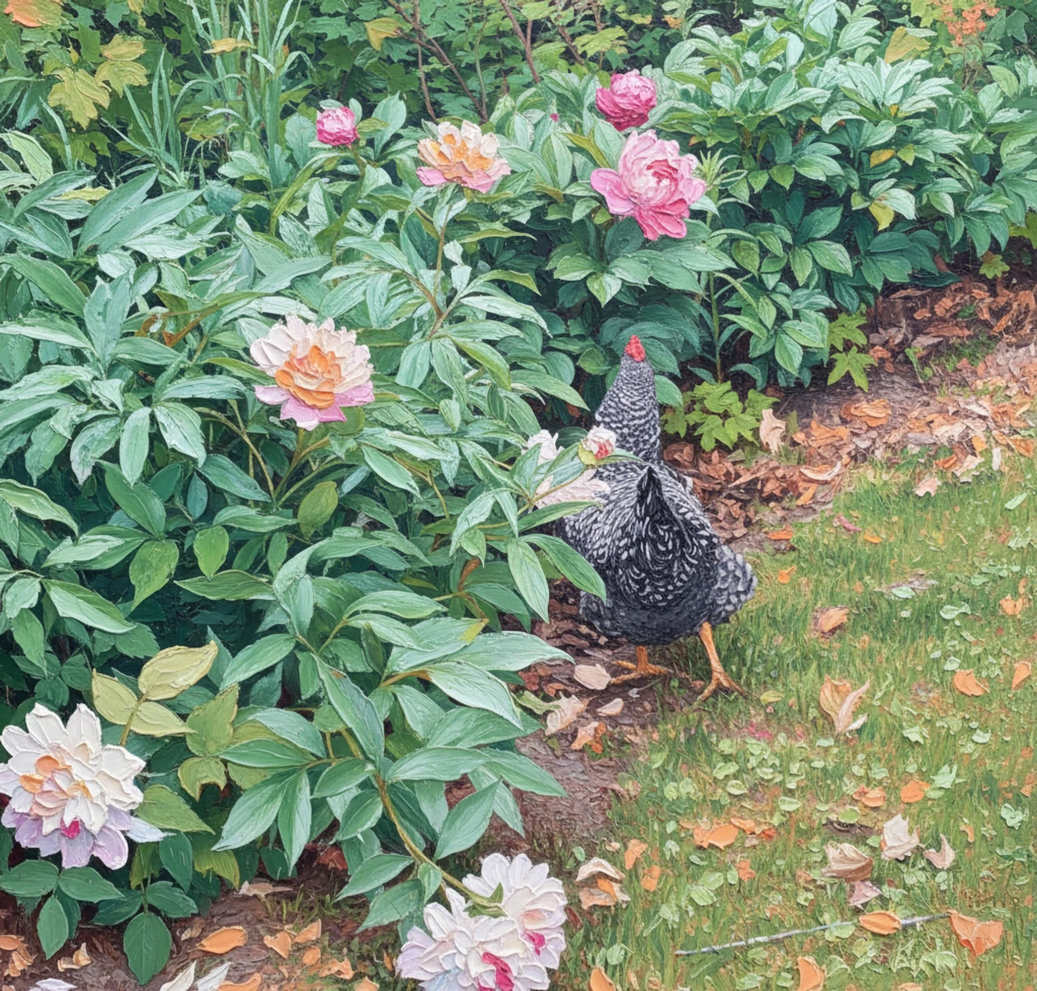 black and white chicken running into peony row painted in oil style