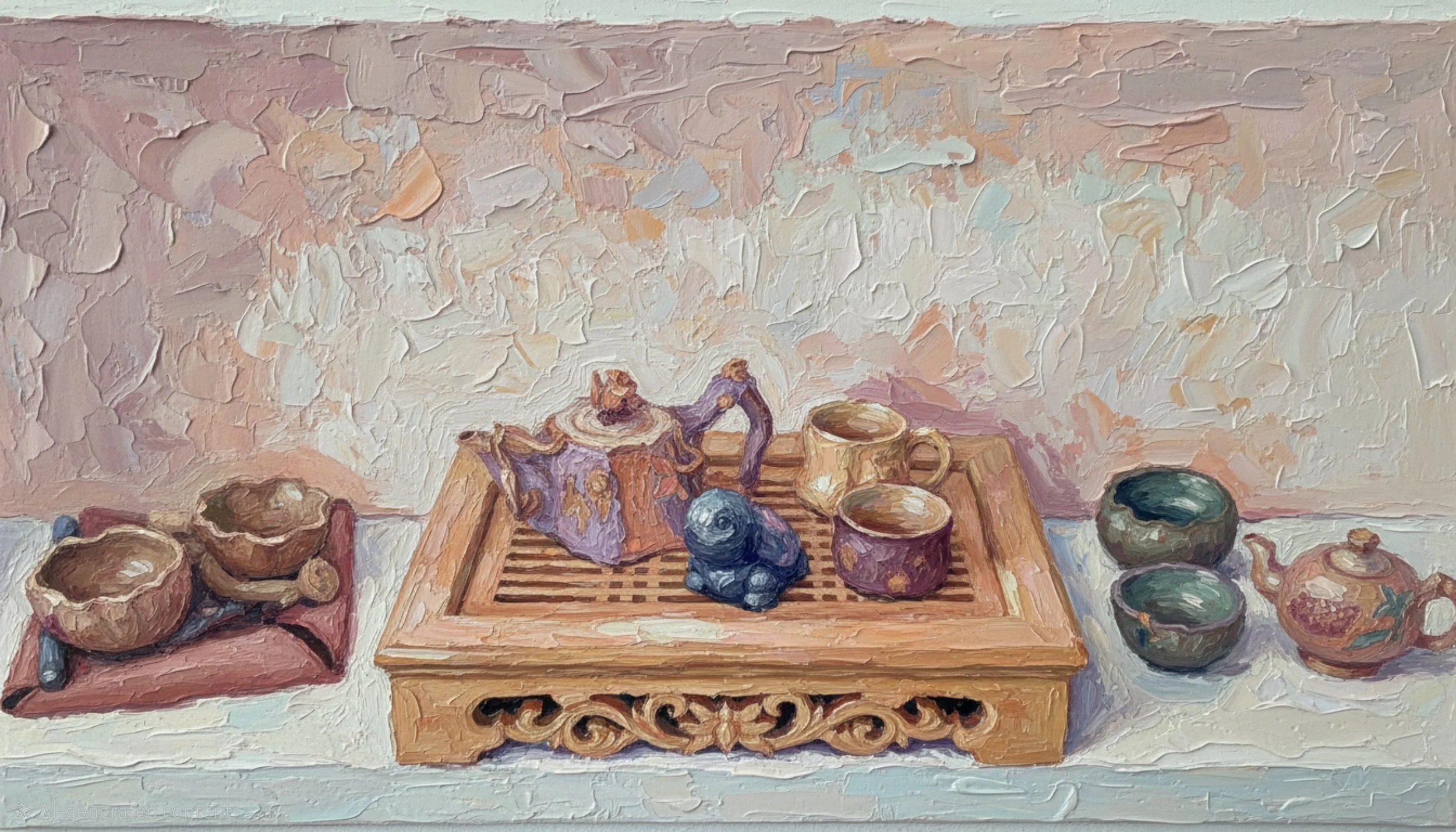 A collection of treasured yixing clay teaware displayed on and around a carved bamboo tray.