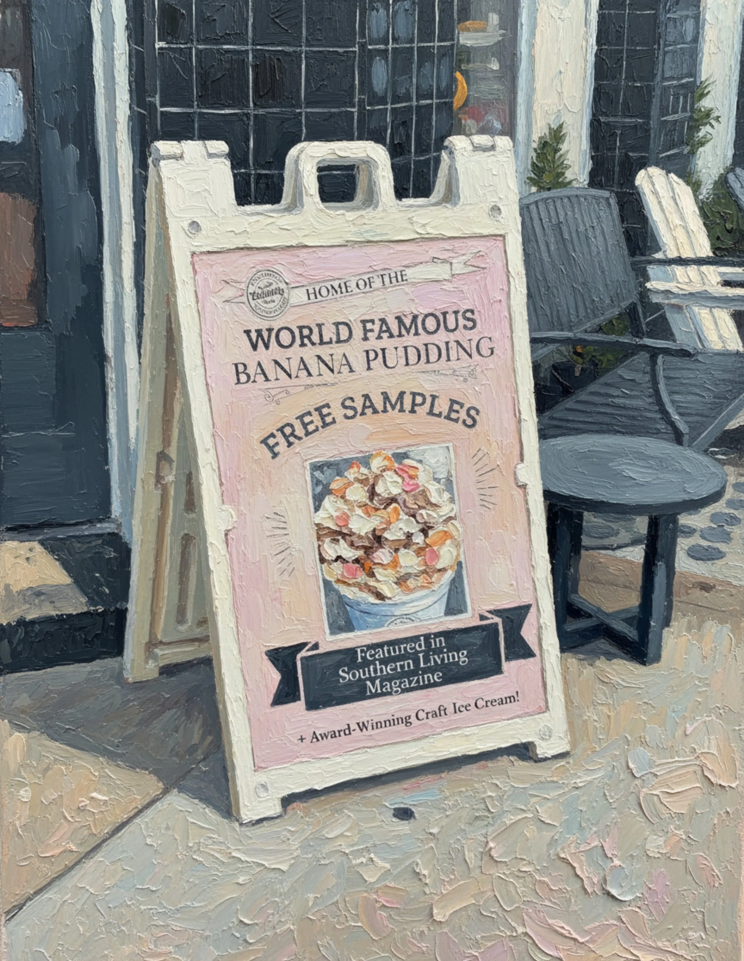 A pink signboard advertising free samples of banana pudding, with a picture of the dessert and text mentioning it is featured in Southern Living Magazine.