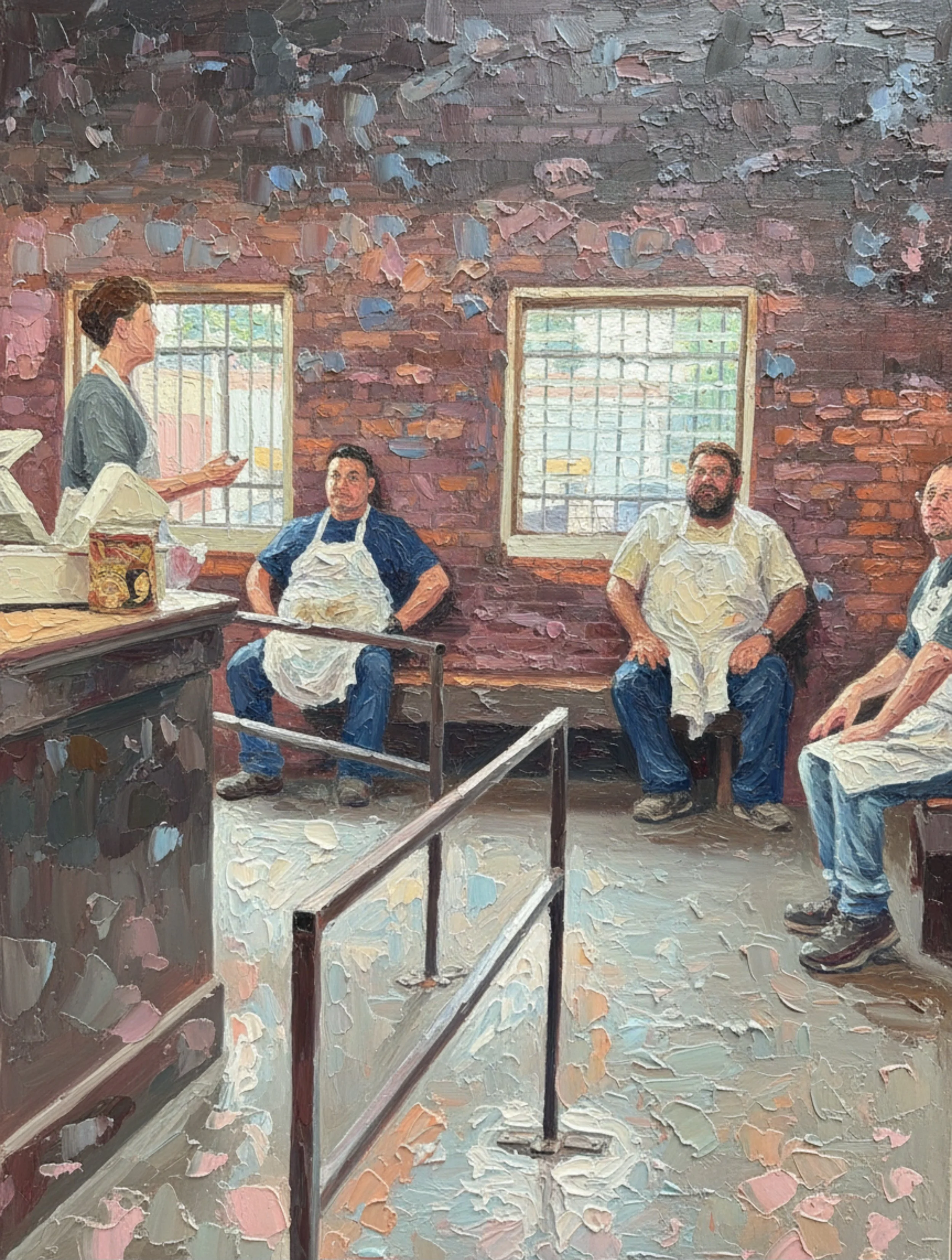 A painting showing a waitress serving customers in a brick-walled restaurant. Two men in aprons sit at a table, one with a blue shirt and the other with a yellow shirt.