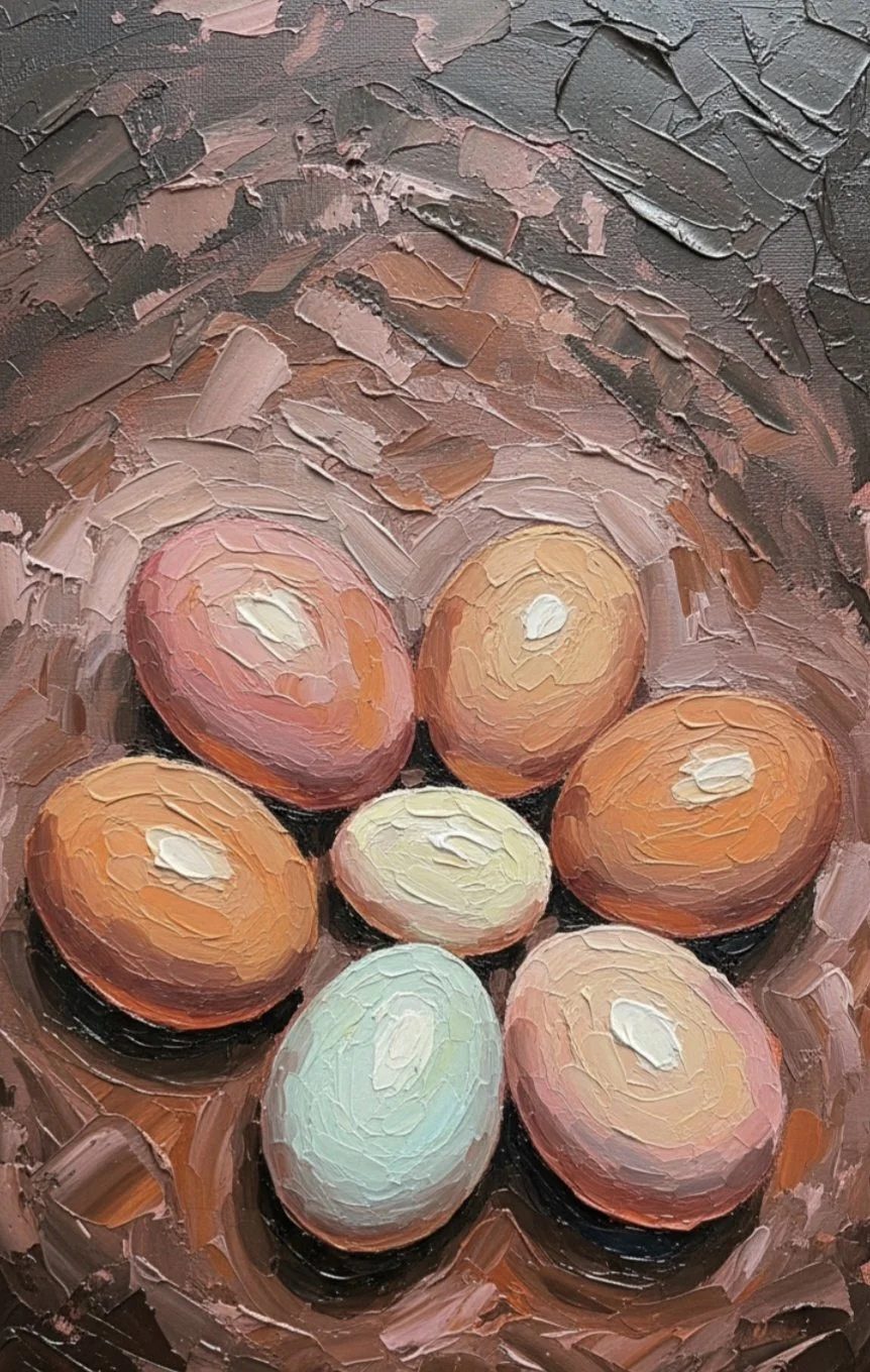 colorful eggs arranged in a flower shape painted in oil painting style