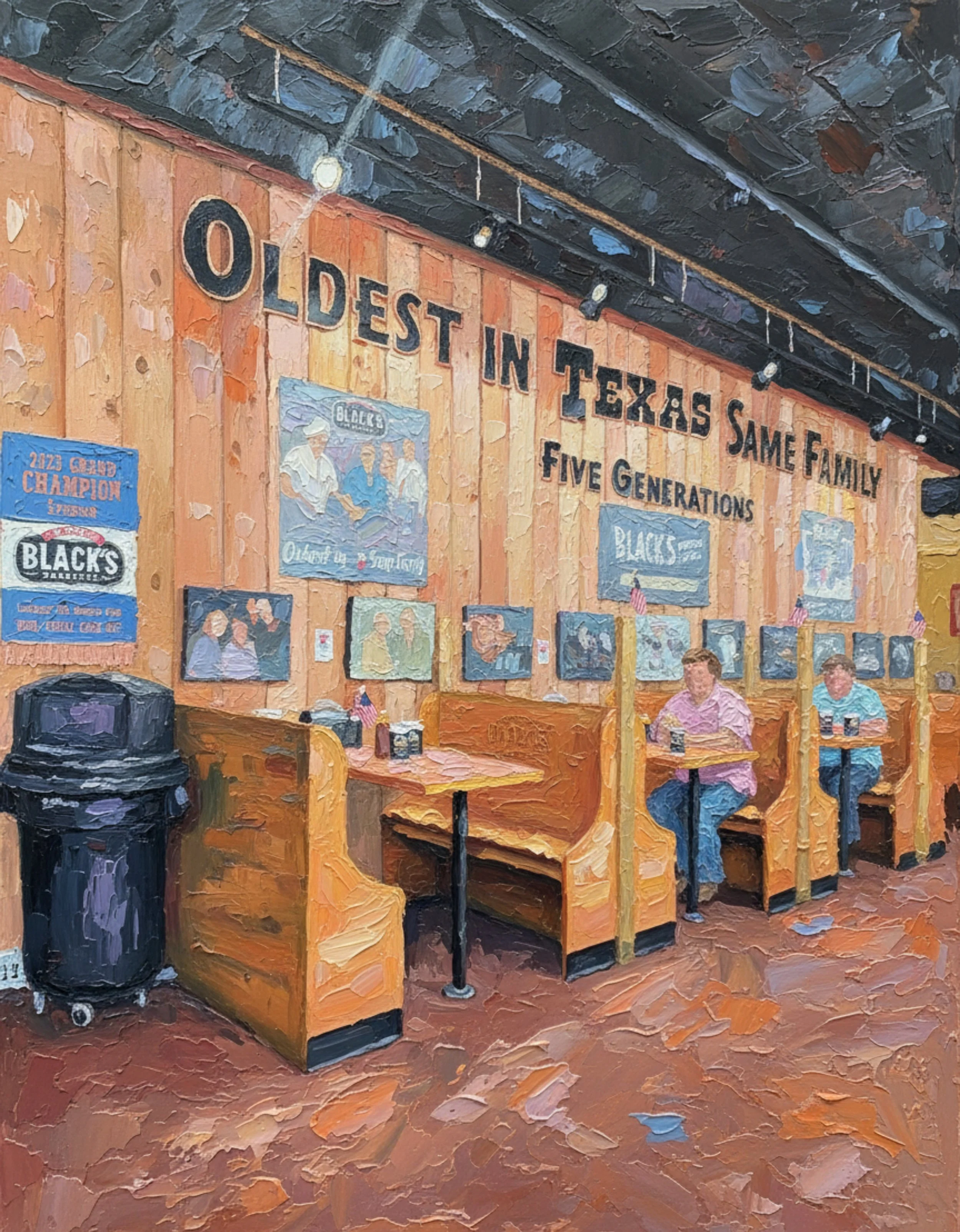 Painted scene of Original Black's BBQ with wooden walls, posters, and people sitting at tables, some with drinks. A black trash can is in the foreground.