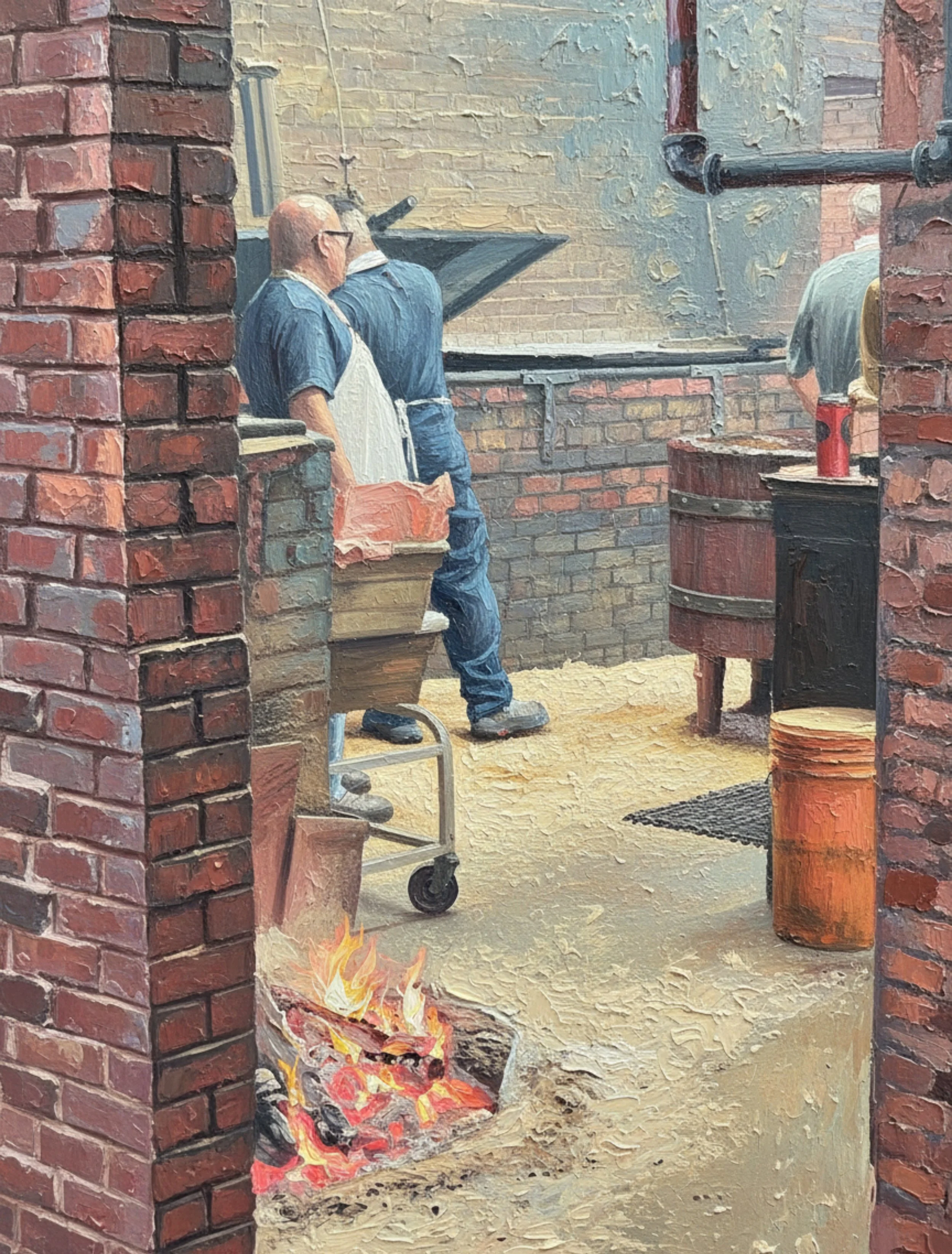 A painting depicting two men, both wearing white aprons, working an old pit room for bbq in Lockhart, TX. There are flames and smoke on the ground coming from the fire pit.