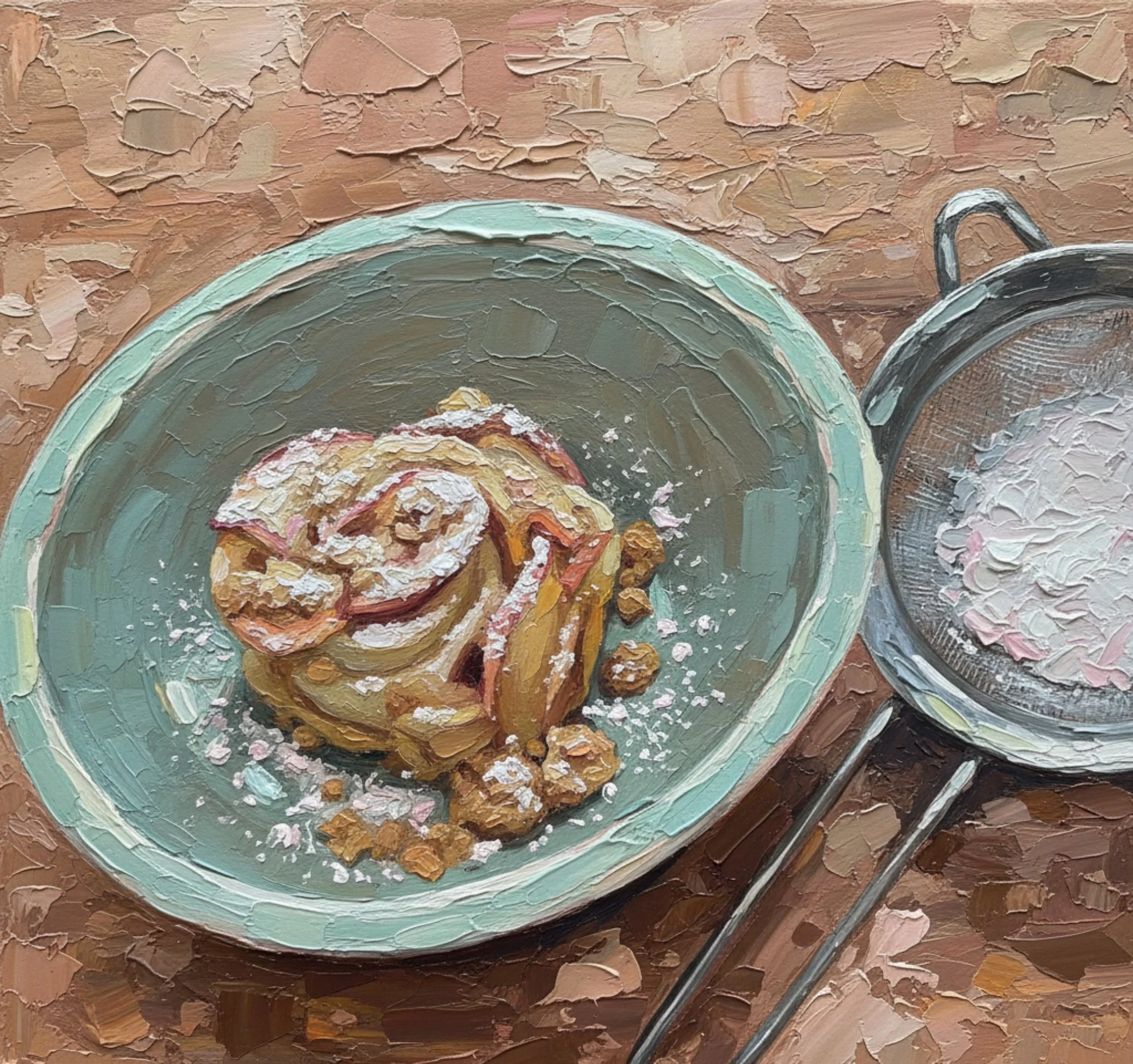 bowl with an apple pie rose and sifter next to it with powdered sugar, painted in oil style