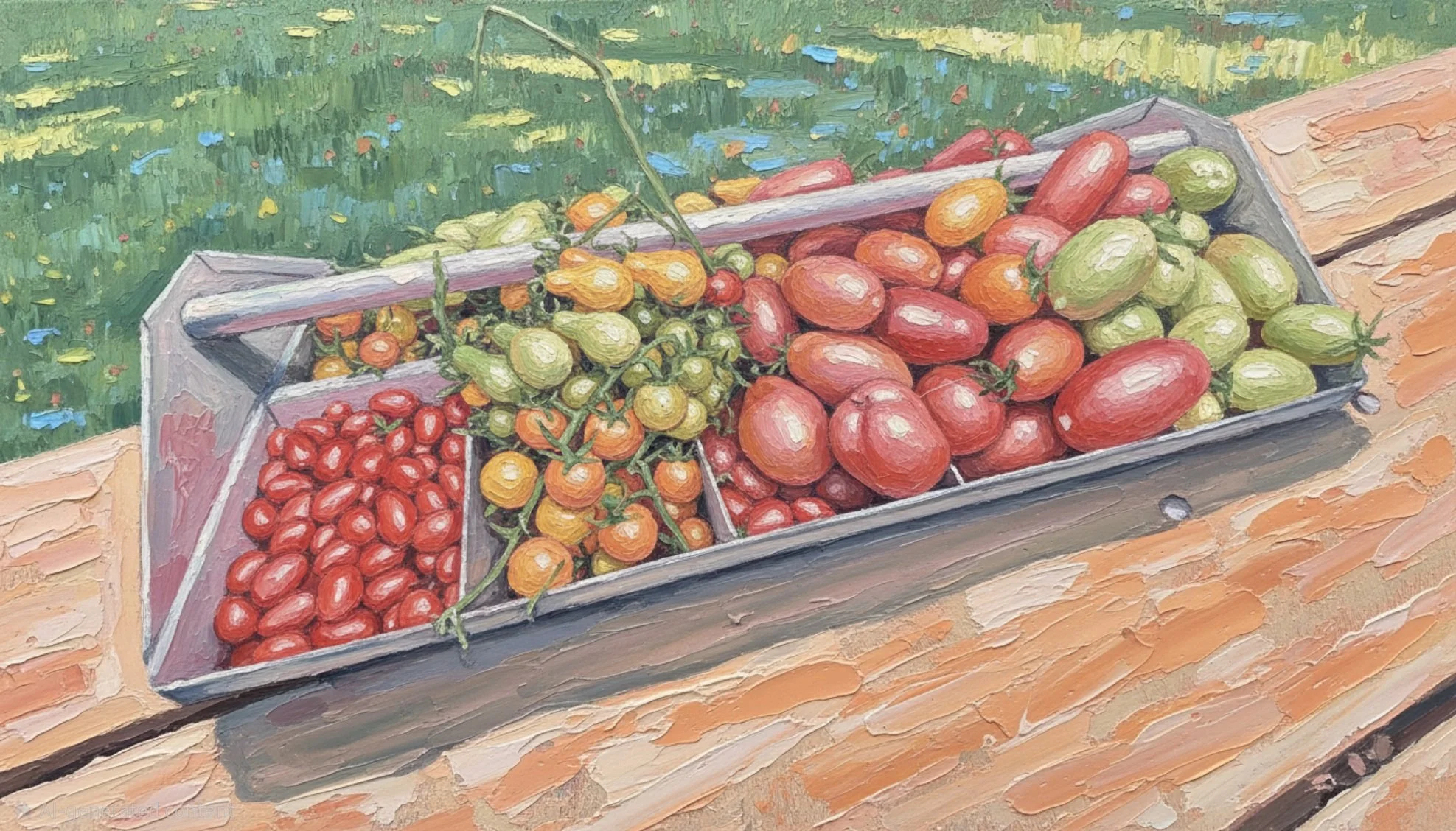 colorful tomatoes arranged in a galvanized tray, painted in oil