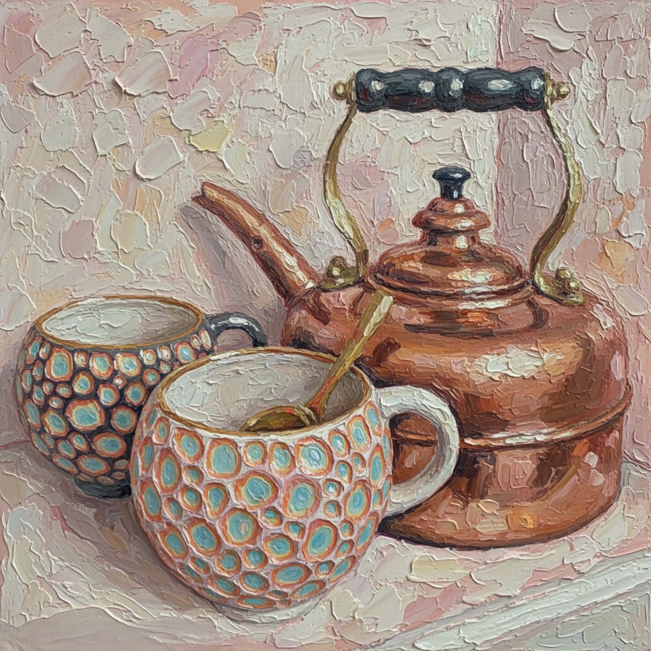 A close-up of an oil painting featuring a teapot with a decorative pattern and a cup on a textured background.
