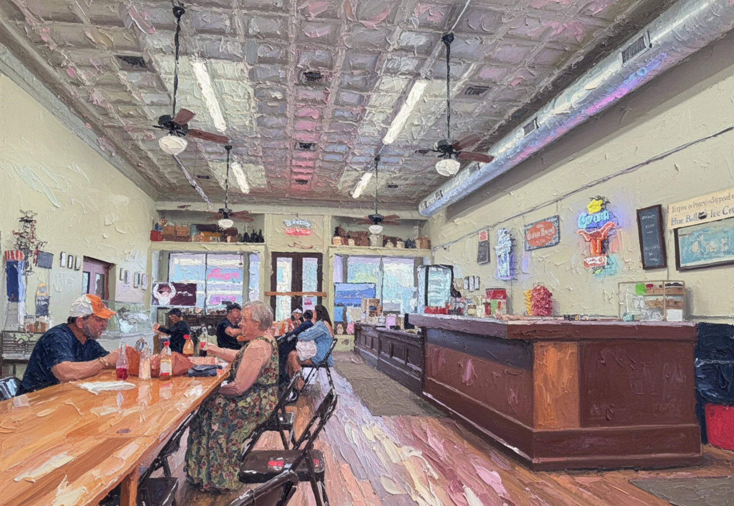 A painting of Smittys Market restaurant scene with people sitting at tables, a counter, and ceiling fans.
