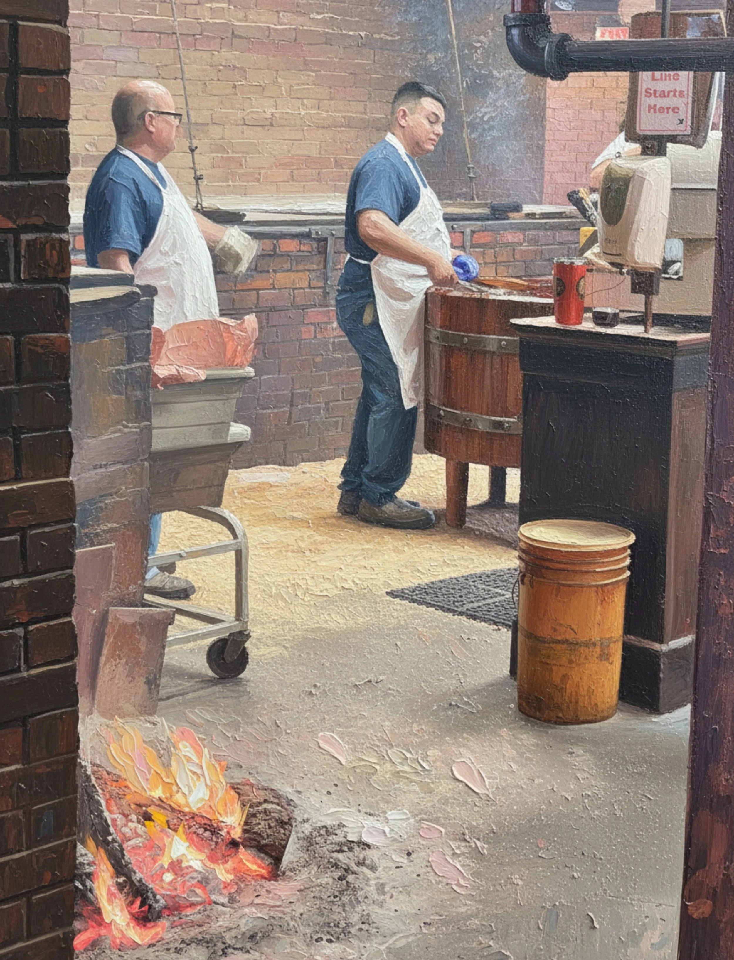 Two men wearing blue shirts and white aprons work . One man is standing preparing while the other stands to the side. There are various kitchen items, including a red container, black pipe, a sign that reads 'Line Starts Here,' and a stack of wooden buckets.