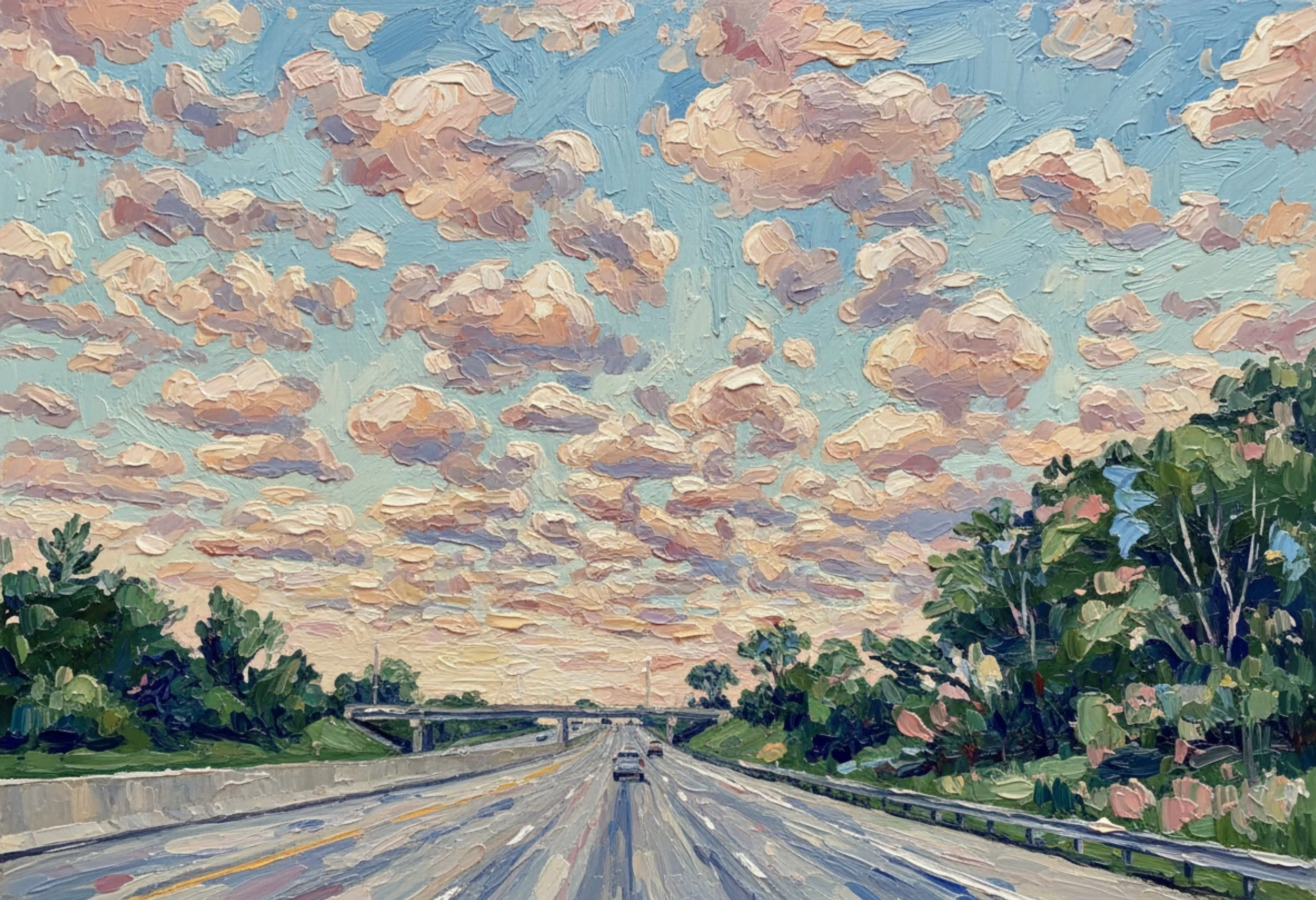 highway with scattered fluffy clouds blanketing the sky