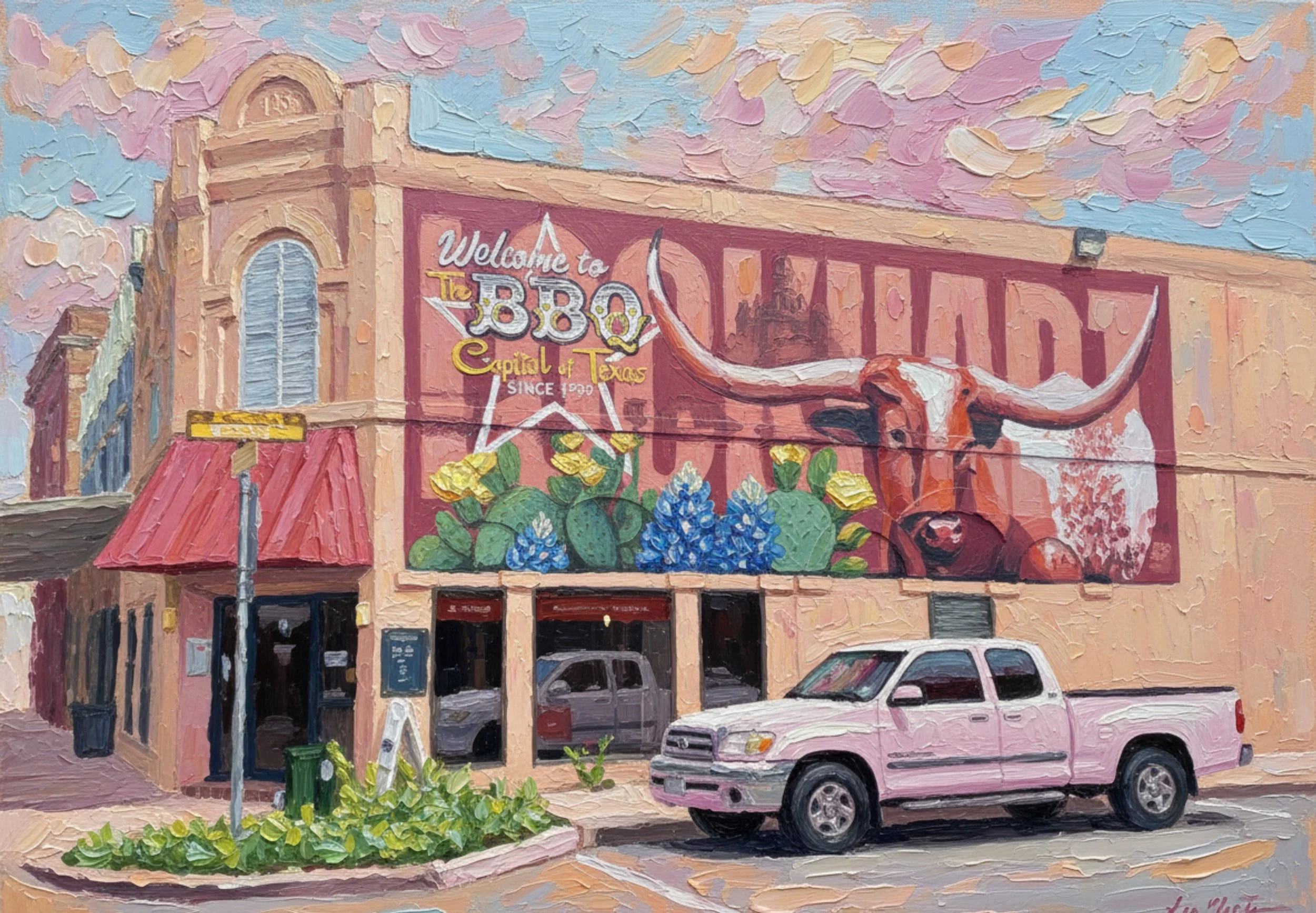 A colorful painting of a downtown scene in Texas, featuring a building with a sign that reads 'Welcome to the BBQ Capital of Texas ' There is a longhorn steer skull mounted on the building, and a mural with cactus plants and bluebonnets