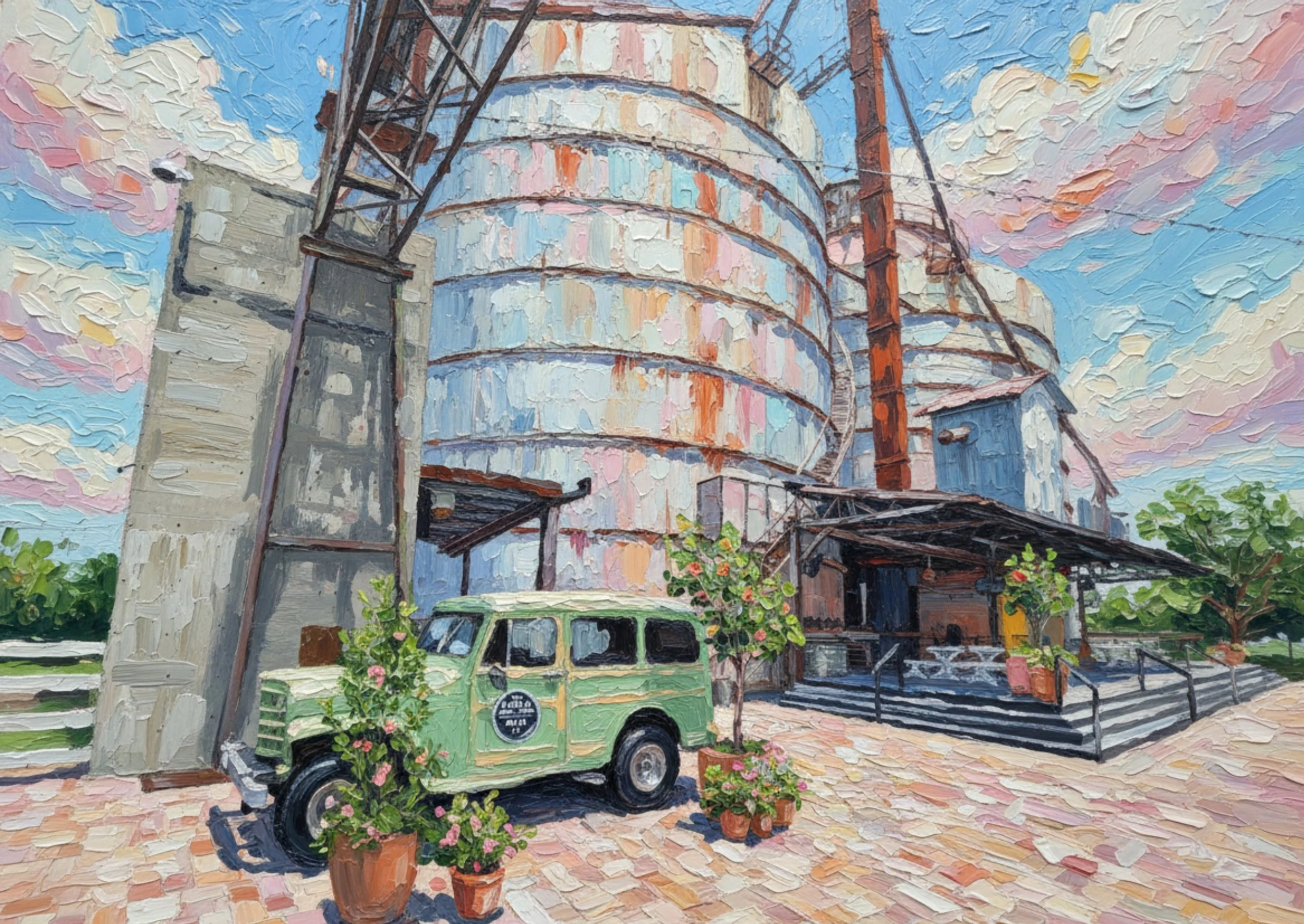 magnolia silos in waco, tx with green antique panel truck in foreground with topiaries and plants adorning in oil pastel style