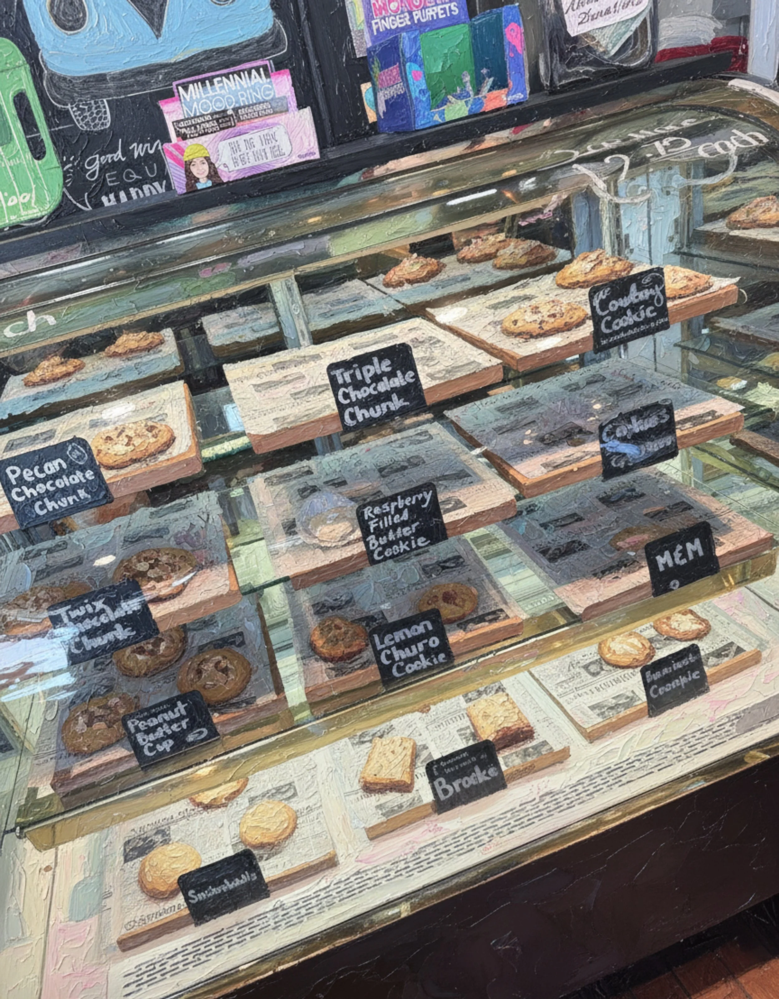 Display case with various cookies labeled with small black chalkboard signs, including options like triple chocolate chunk, cranberry filled butter cookie, lemon churo cookie, and peanut butter cup, with colorful packaging and promotional signs in the background.