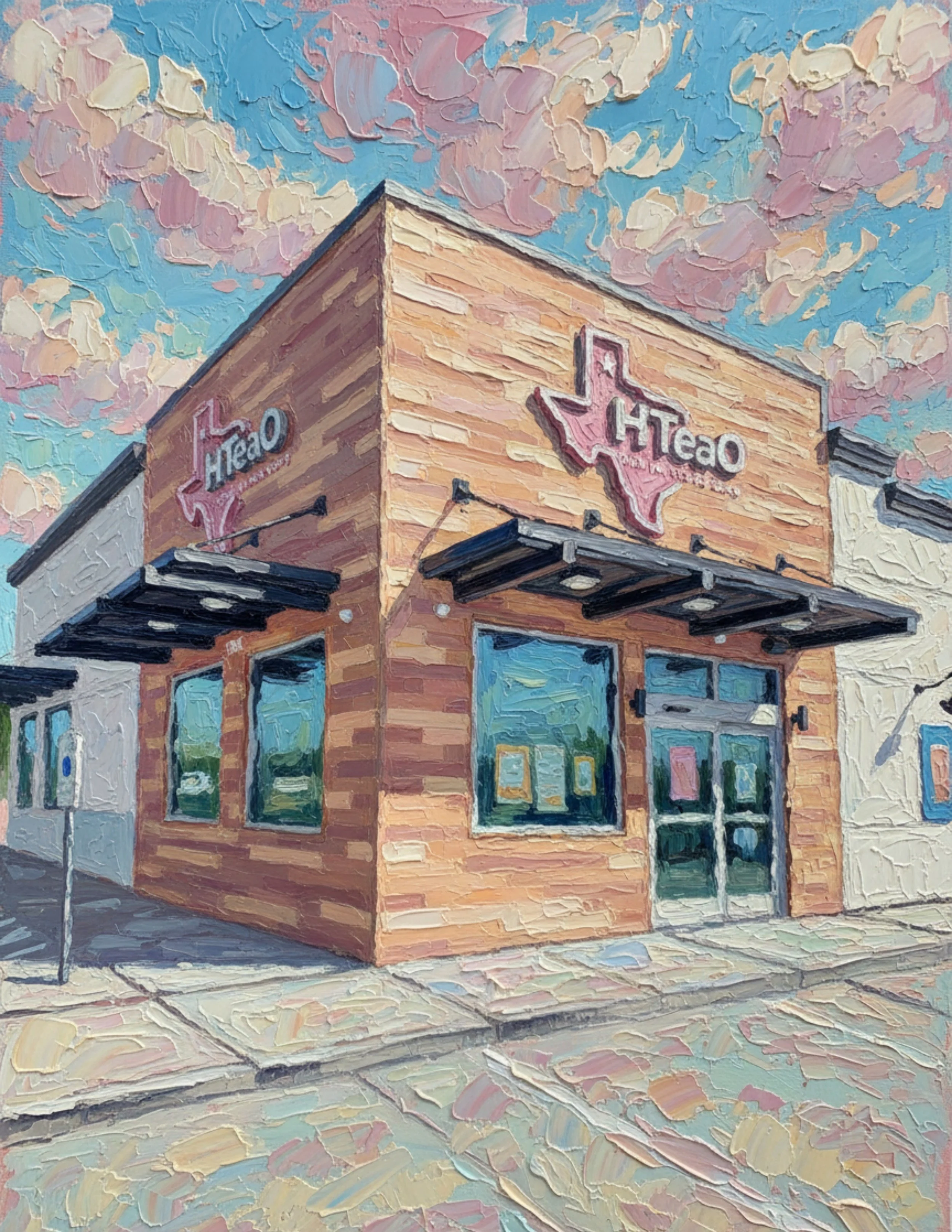 Painting of a modern building with a wood exterior, large windows, and a sign that reads 'HTeAo' with some American flag graphics, under a sky with pink and blue clouds.