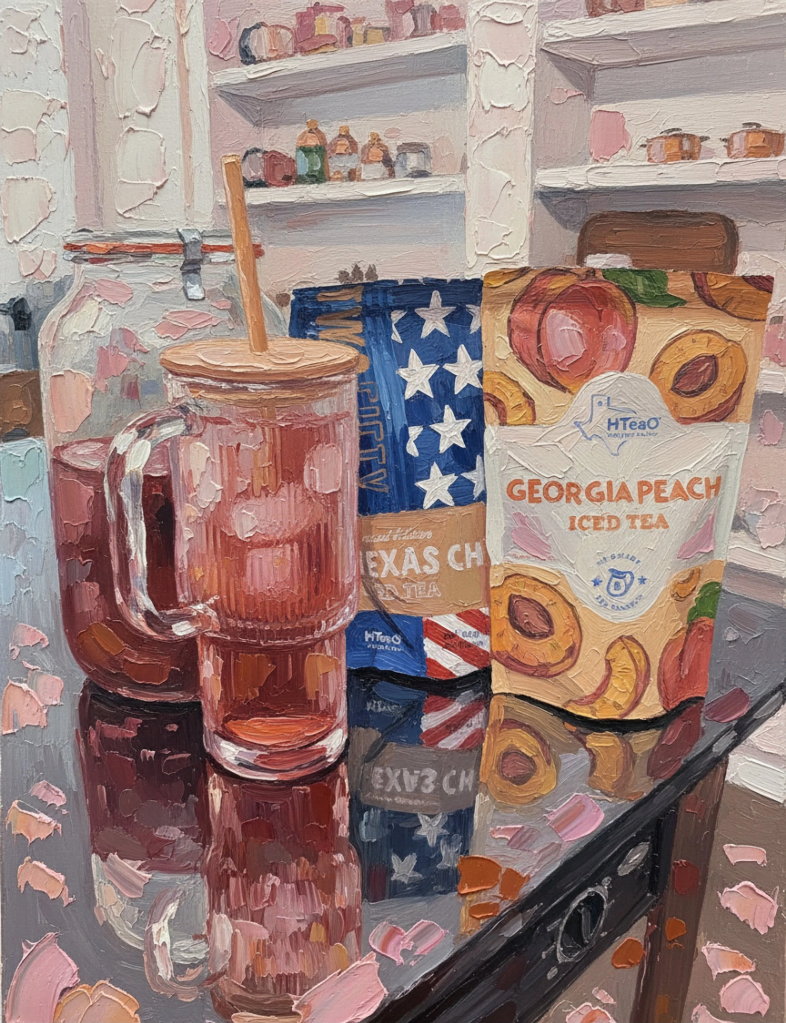 jar with tea, glass with ice and tea and HTeaO Georgia Peach and Texas Chai
