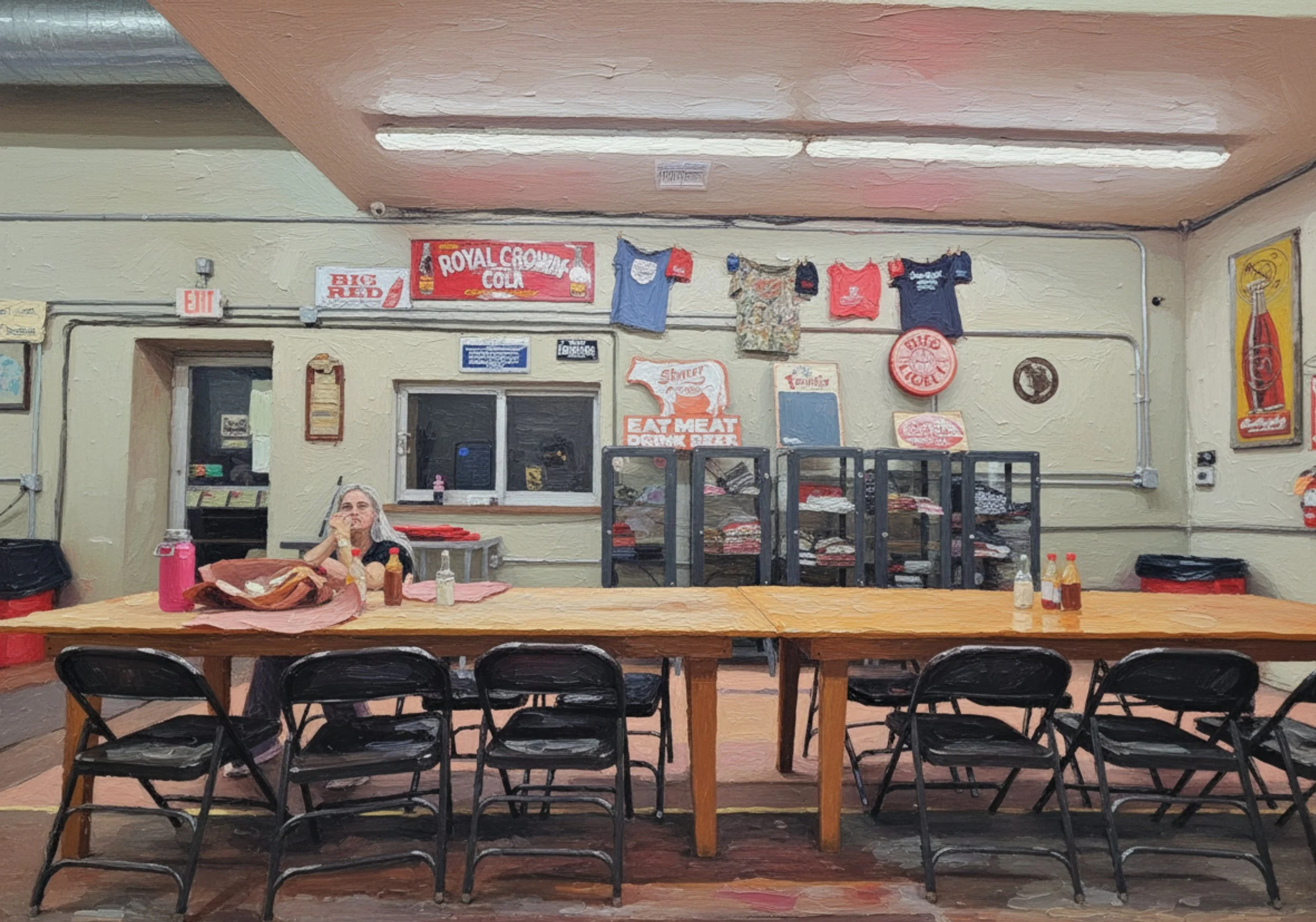 Inside Smittys Market, Lockhart, TX with a wooden table and black chairs. A woman is sitting at the table eating. The wall features vintage signs and various shirts hanging There are various condiment bottles on the table.