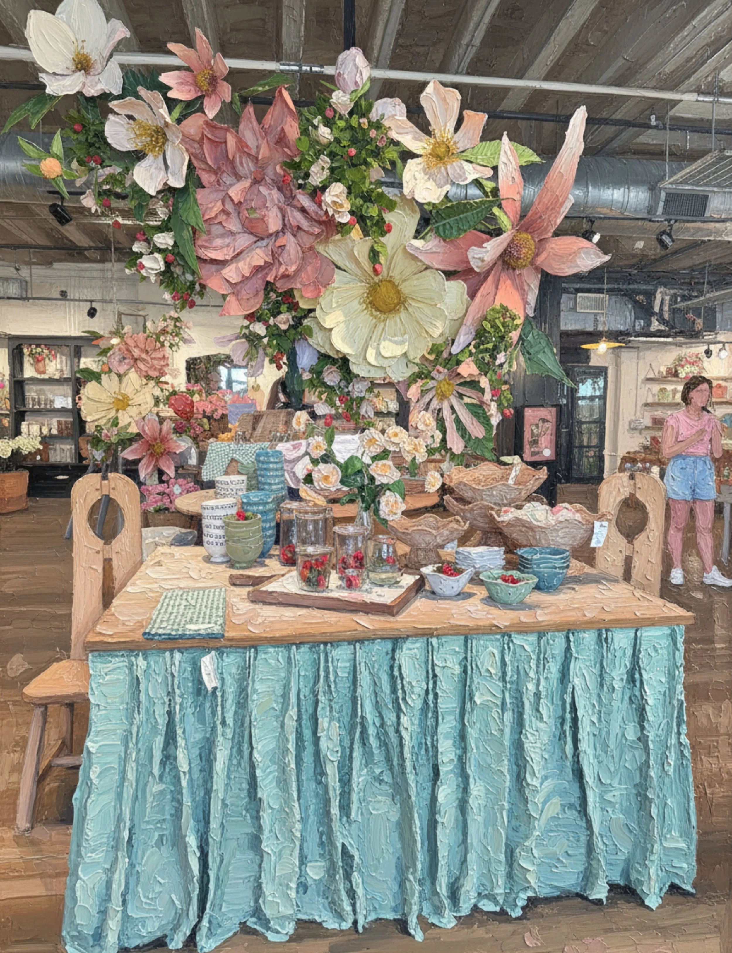wood bench with blue fabric skirt and housewares, jars on it with paper flower hanging from the rafters above