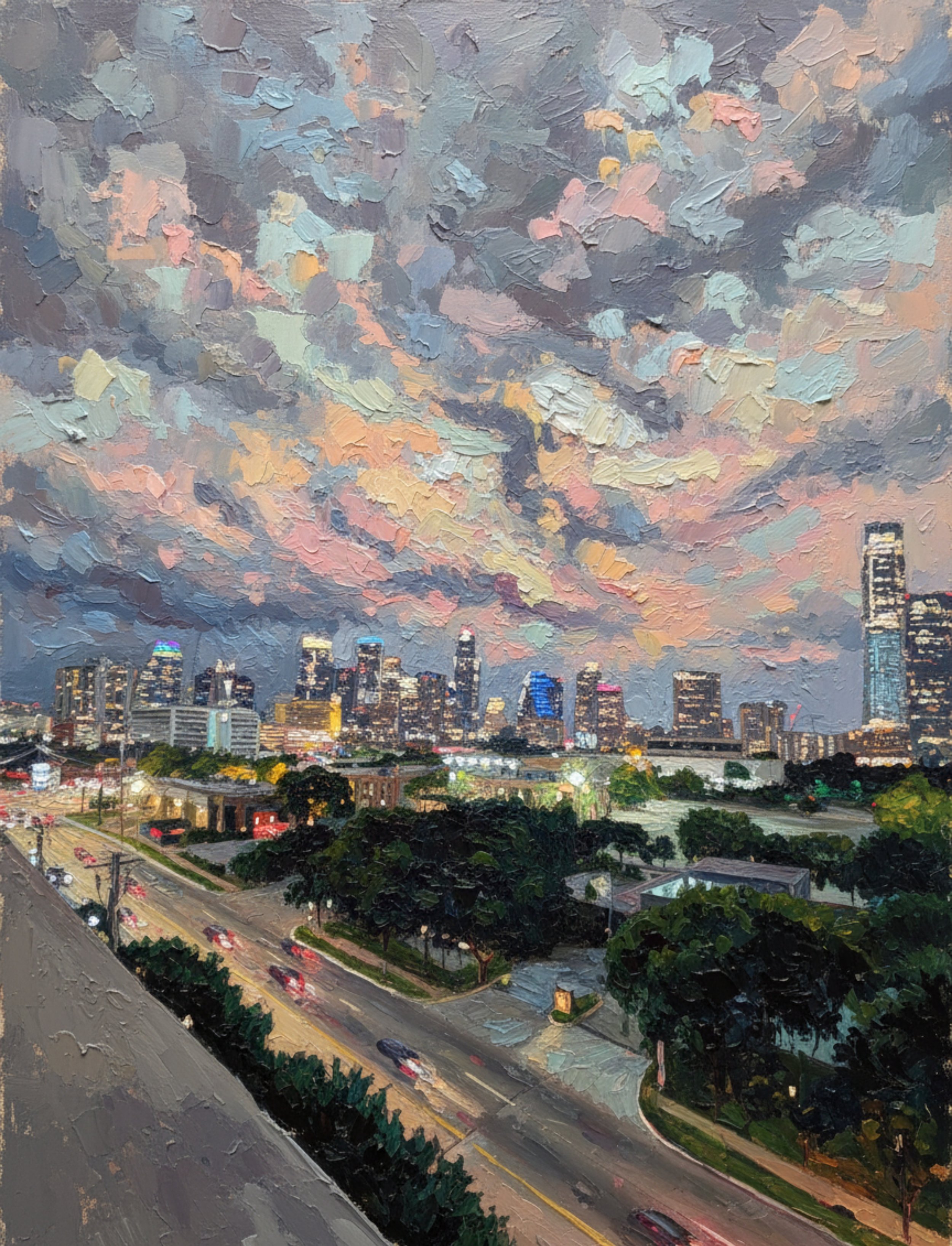 Digital painting of Austin's skyline at dusk with tall skyscrapers lit up, a busy street with cars, and a dramatic cloudy sky with soft pastel colors.