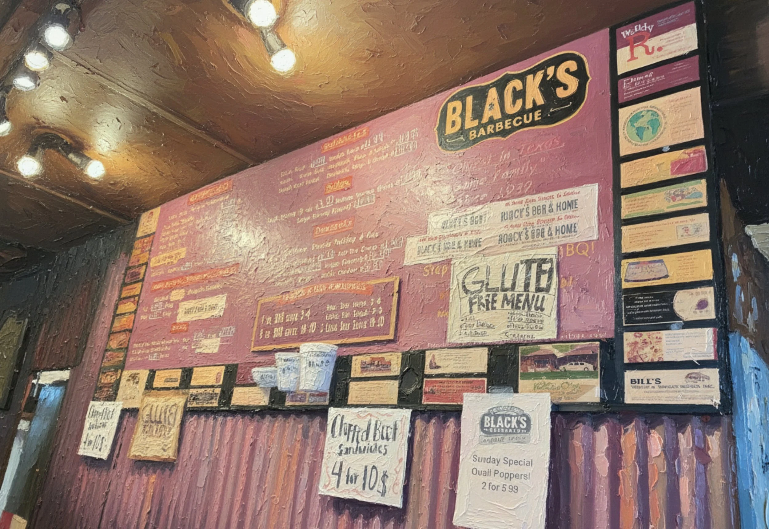 Close-up of Black's Original restaurant menu and signs on a pink painted brick wall and various handwritten menu items and specials.