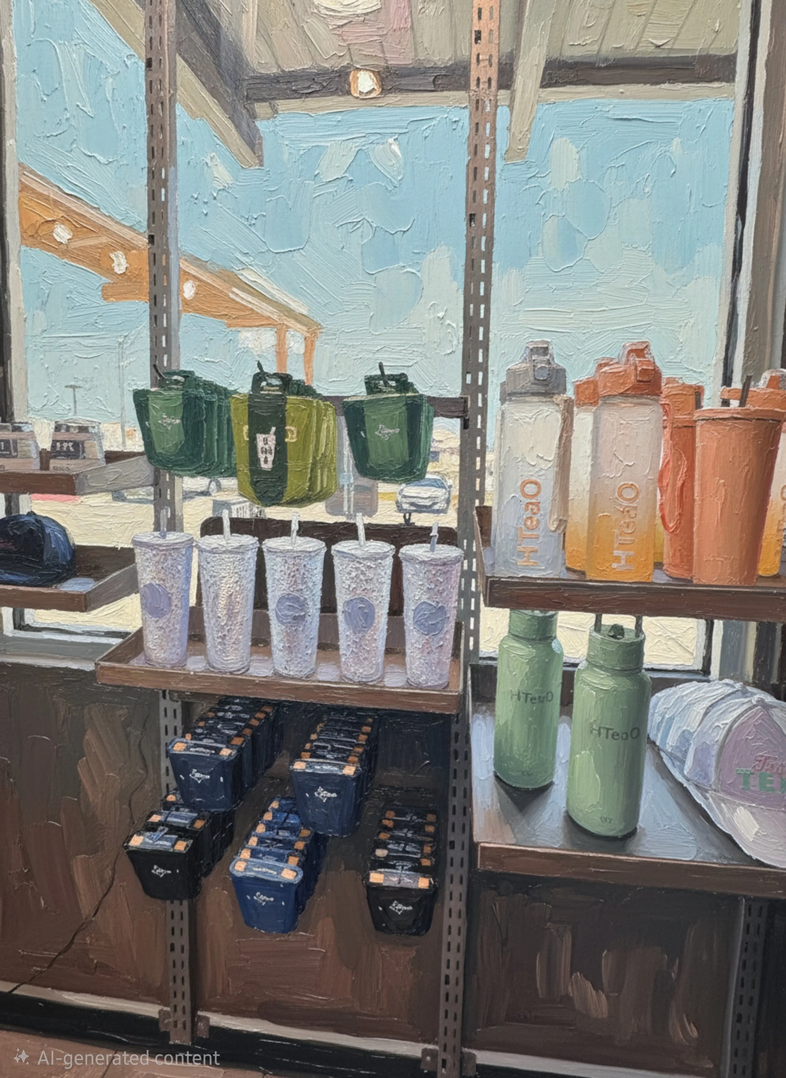 Wooden and metal store shelves displaying various tea ware from HTeaO and related products.