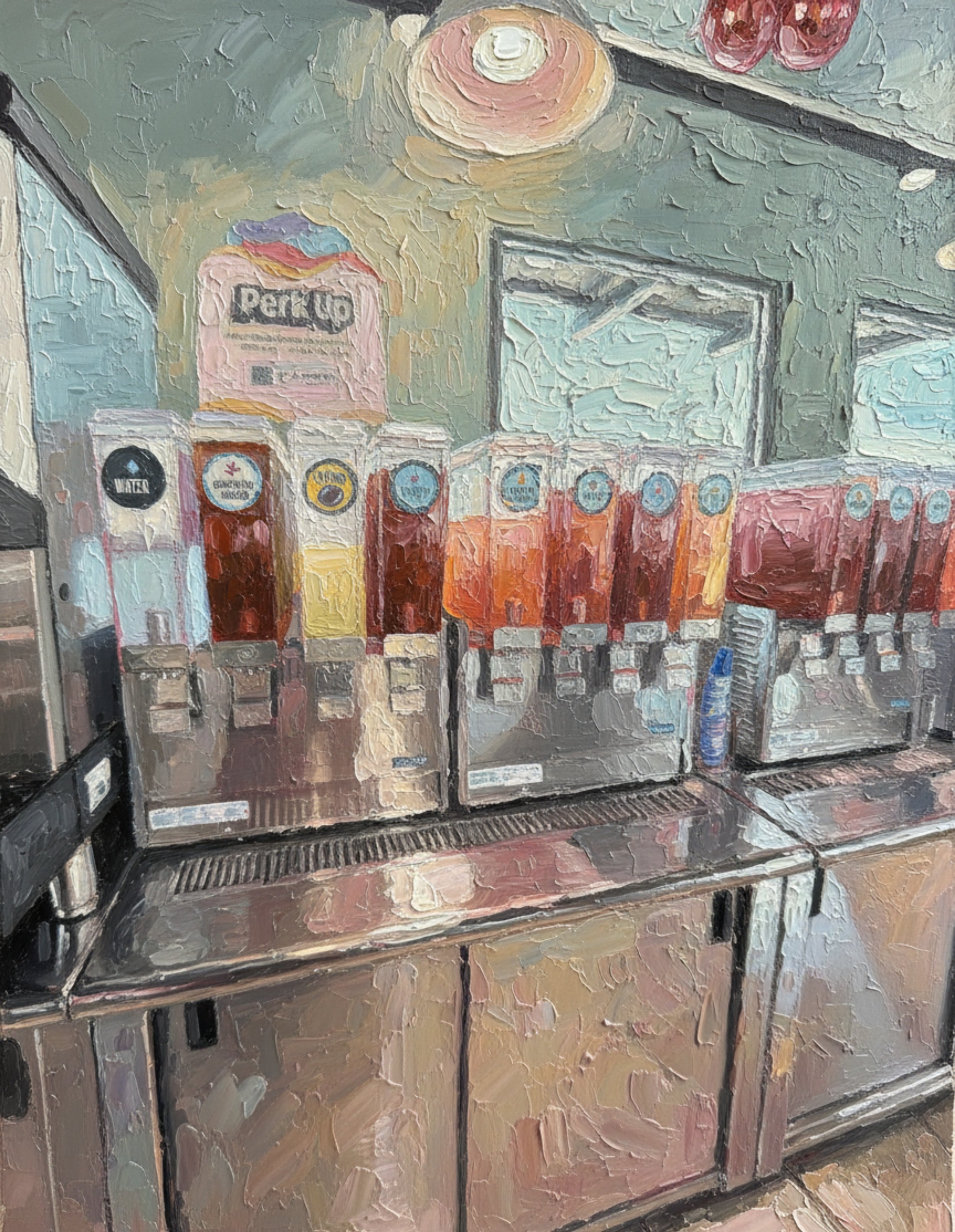 A pixelated painting of a collection of beverage dispensing machines with various drink flavors.