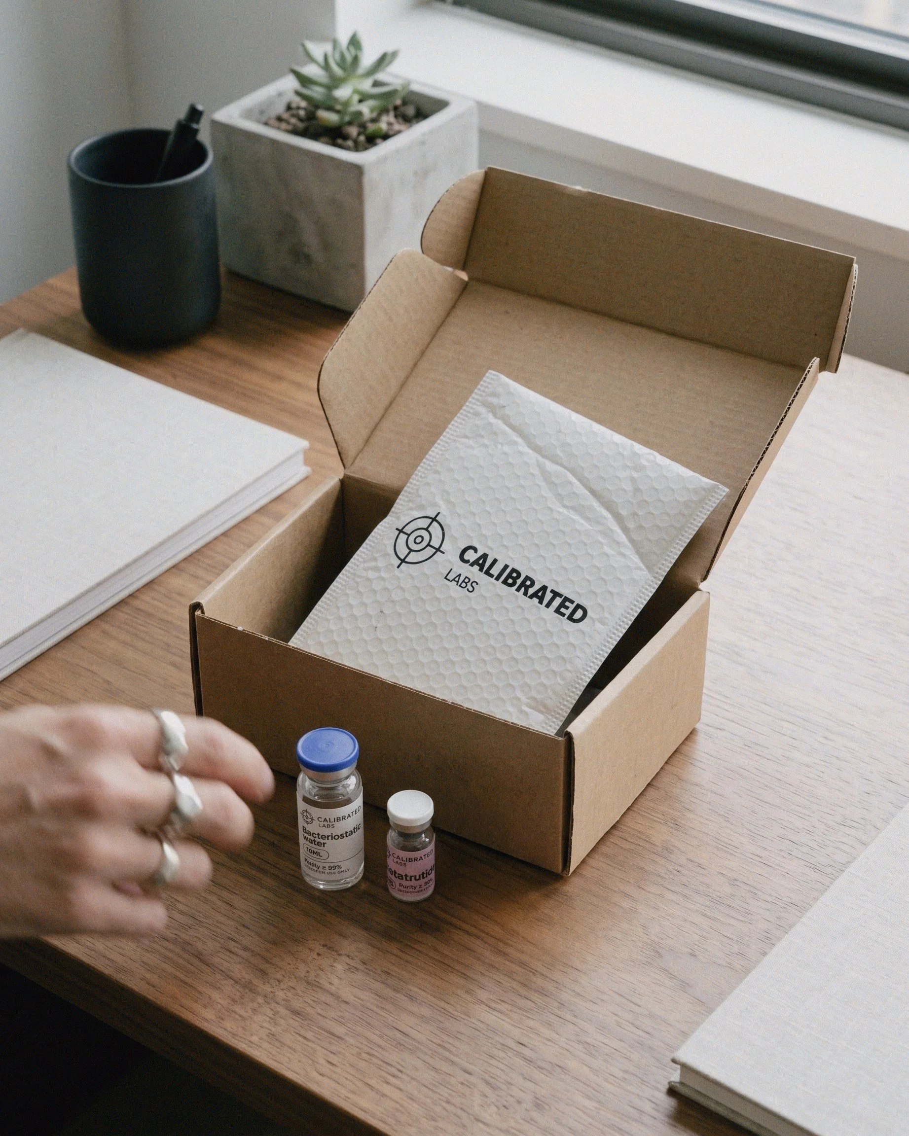 Calibrated Labs shipment with packaging and vials