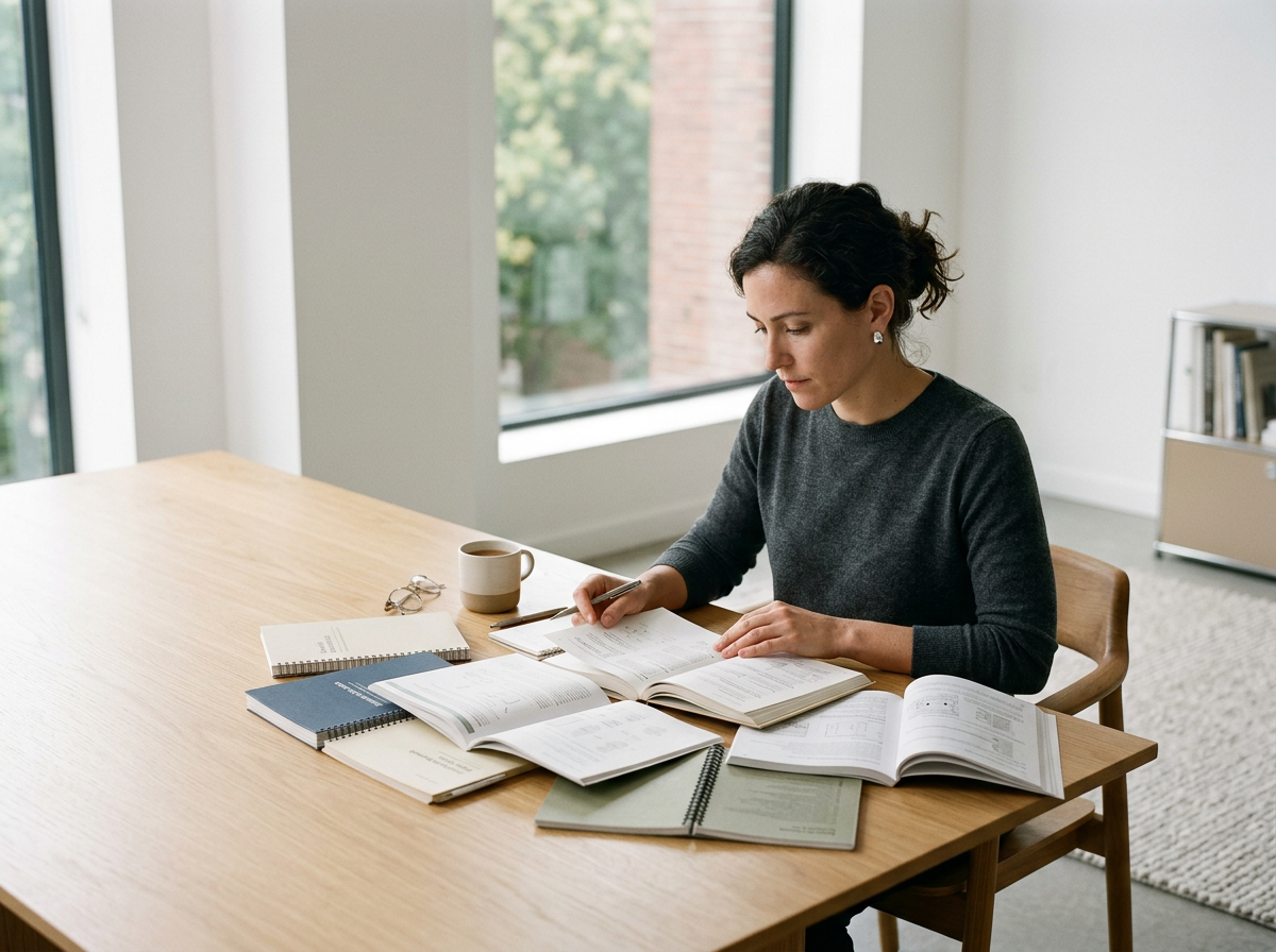 Woman studying at a wooden table with books, notebooks, a pen, a coffee mug, and glasses in a bright room with large windows.