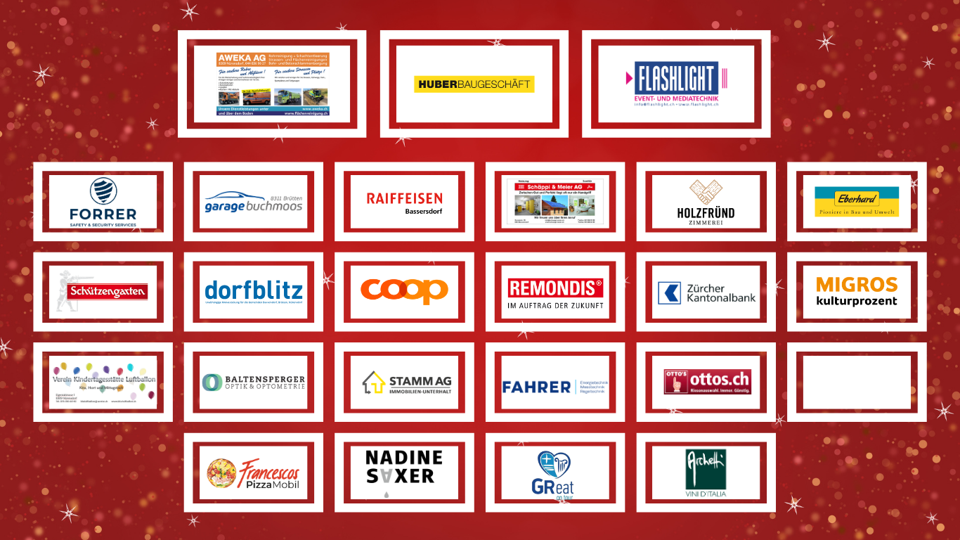 Collection of various business logos arranged on a red, festive, sparkly background, each logo inside a white-bordered rectangle.