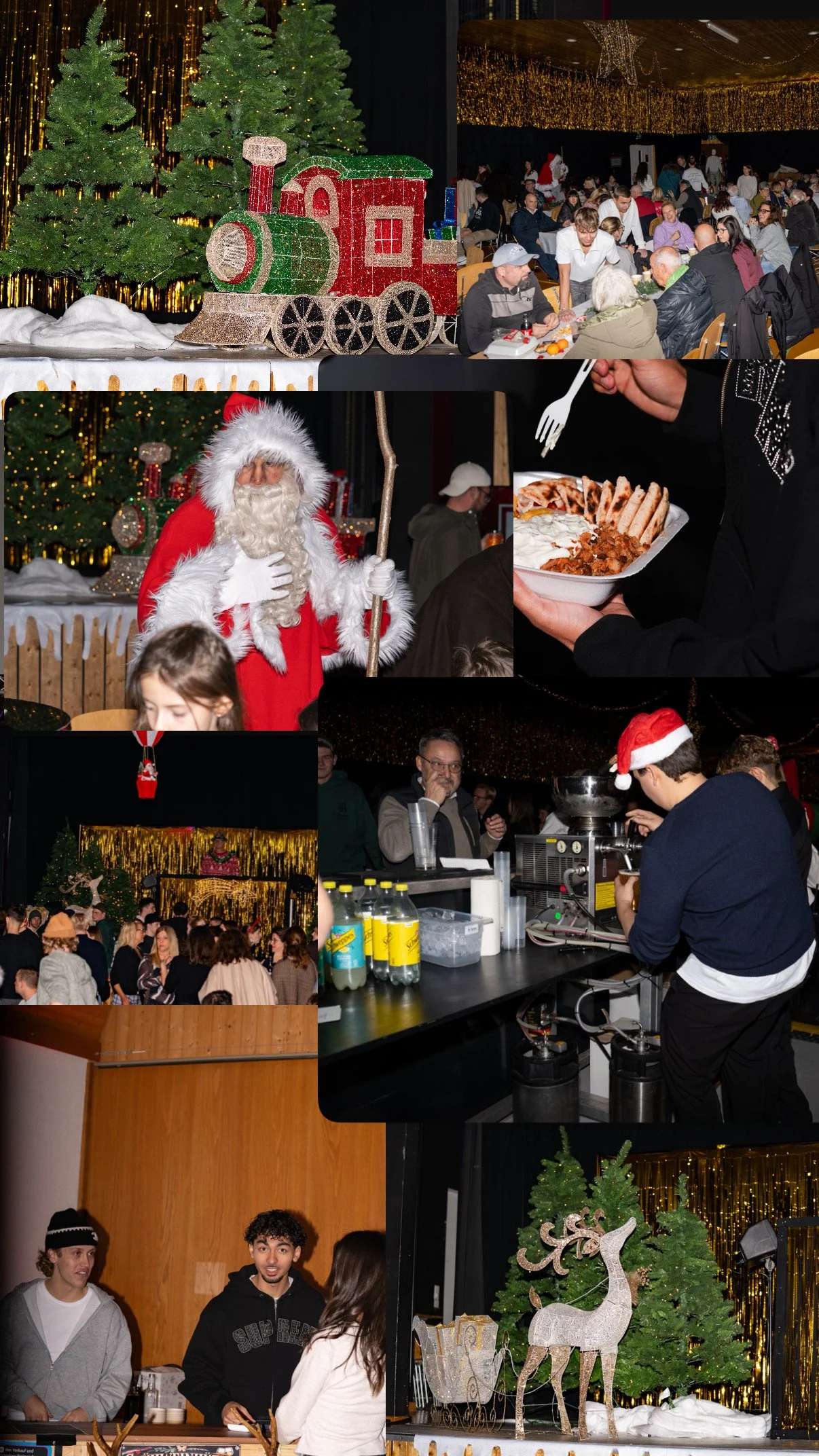 A Christmas event with decorated trees, a person dressed as Santa Claus, a crowd of people, and festive decorations, including reindeer and gifts.