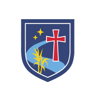 A shield-shaped emblem with a red cross, yellow stars, and a yellow plant on a blue background.