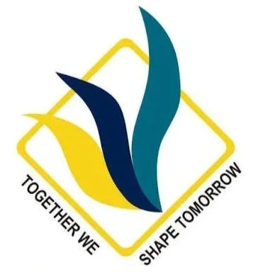 A logo with four stylized shapes in yellow, dark blue, teal, and navy, arranged inside a yellow diamond outline. The text "Together We Shape Tomorrow" is curved around the bottom of the diamond.