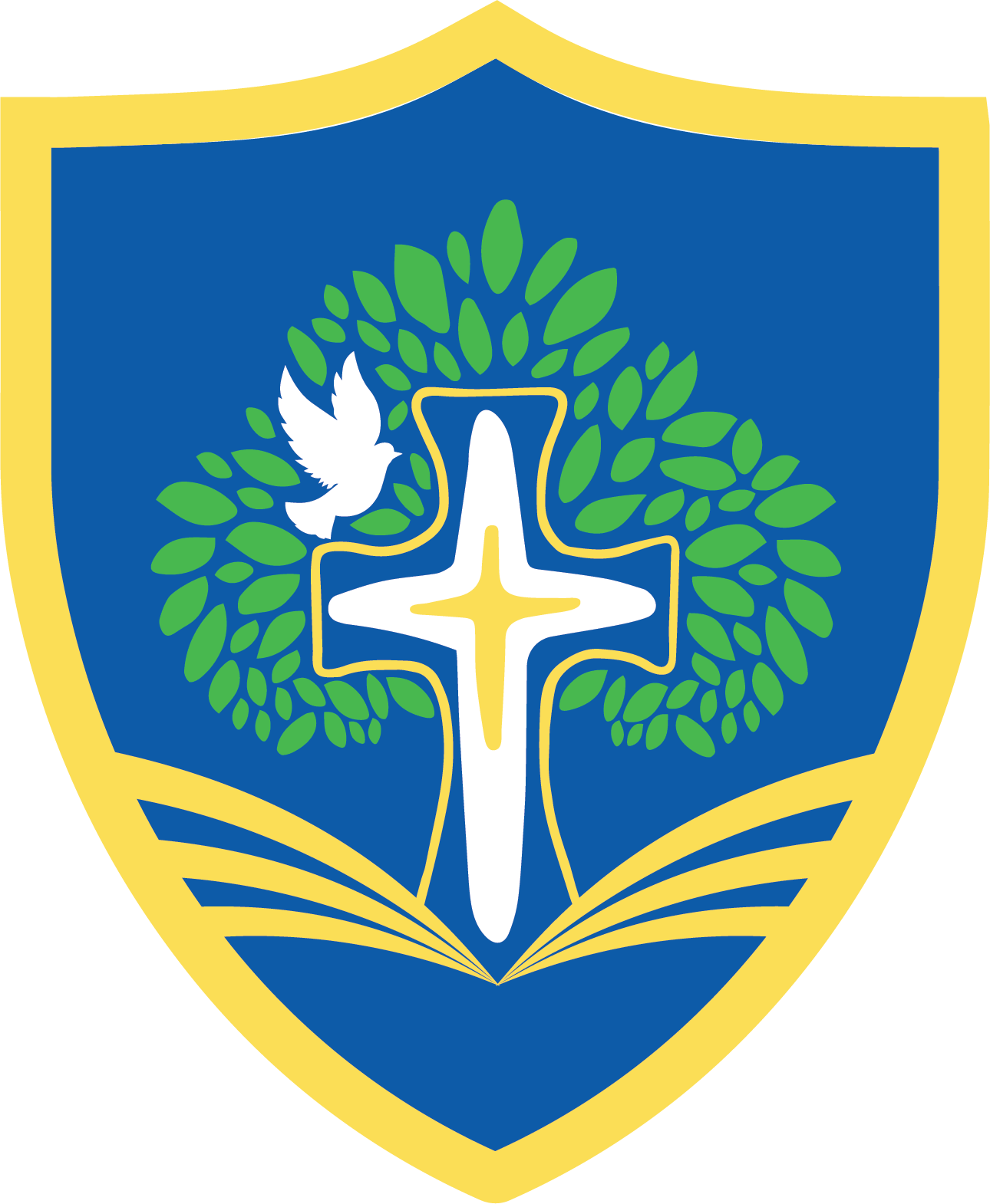 A shield emblem with a blue background, yellow border, and a central white cross with yellow outlines. A green laurel wreath encircles the cross, and a white dove is depicted to the left of the wreath, flying towards it.