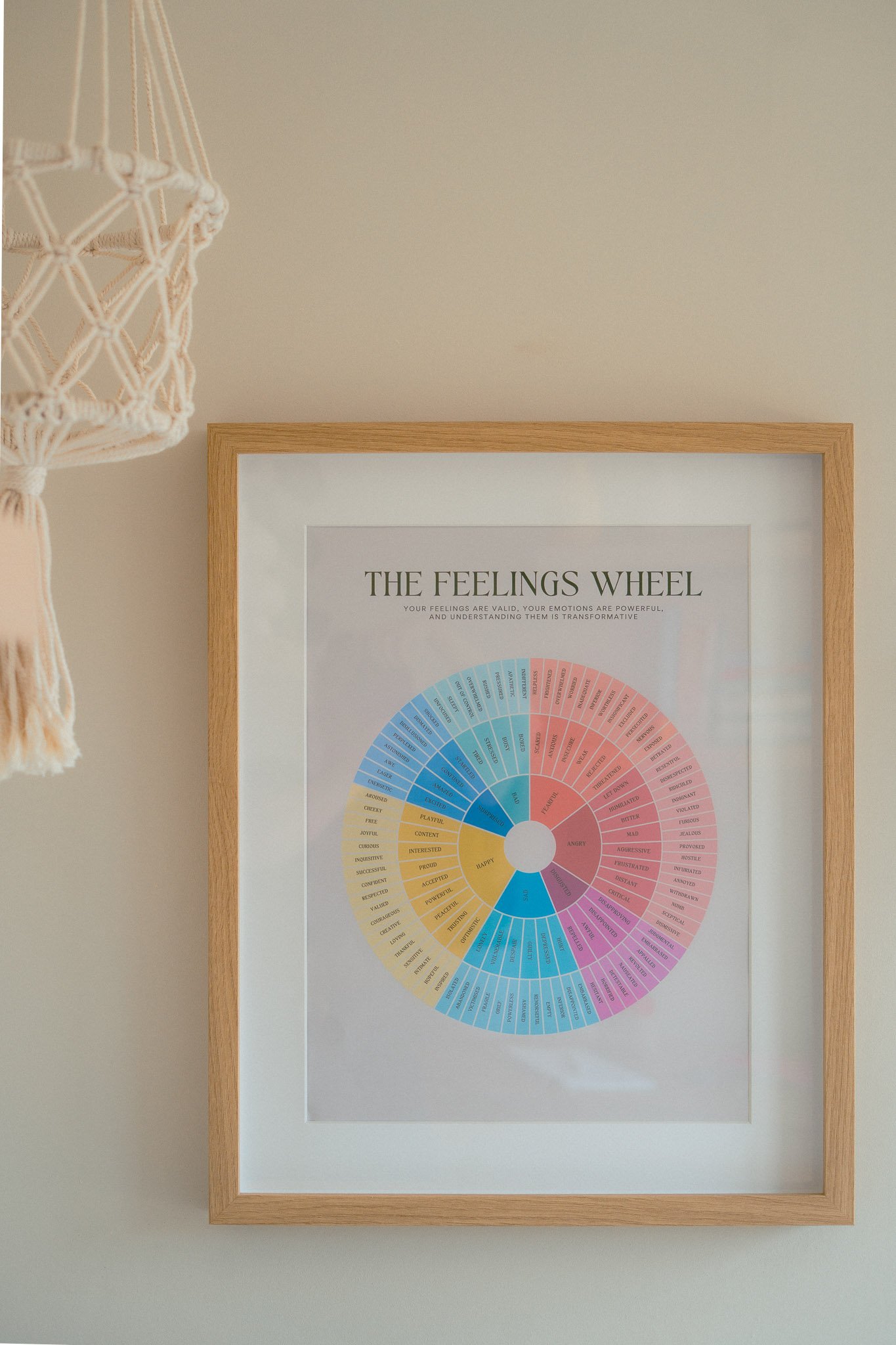 Color wheel poster titled "The Feelings Wheel" on a wall, framed in wood, with a section of a white macrame hanging on the left.