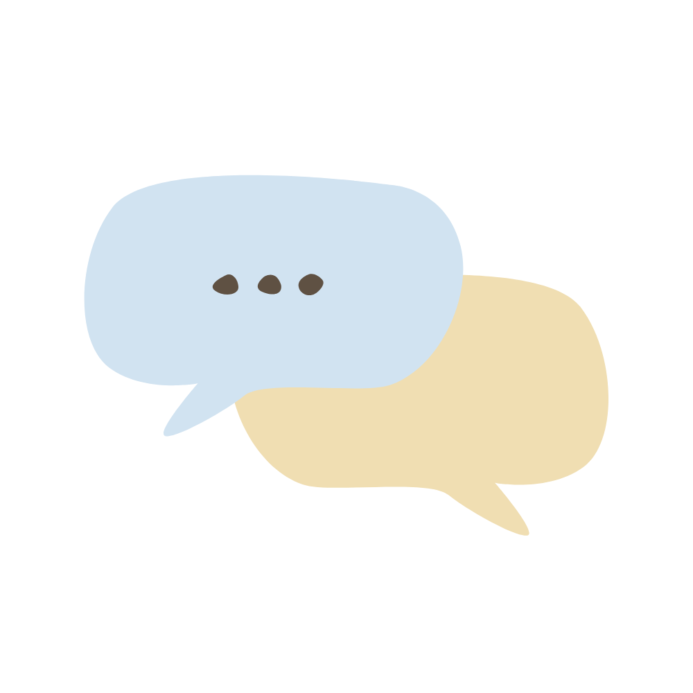 Two chat bubble illustrations, one light blue and one beige, overlapping each other.
