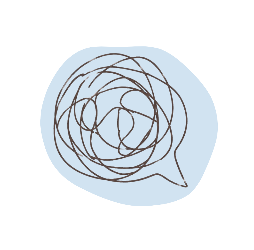 Line drawing of a tangled, circular scribble inside a speech bubble on a light blue background.