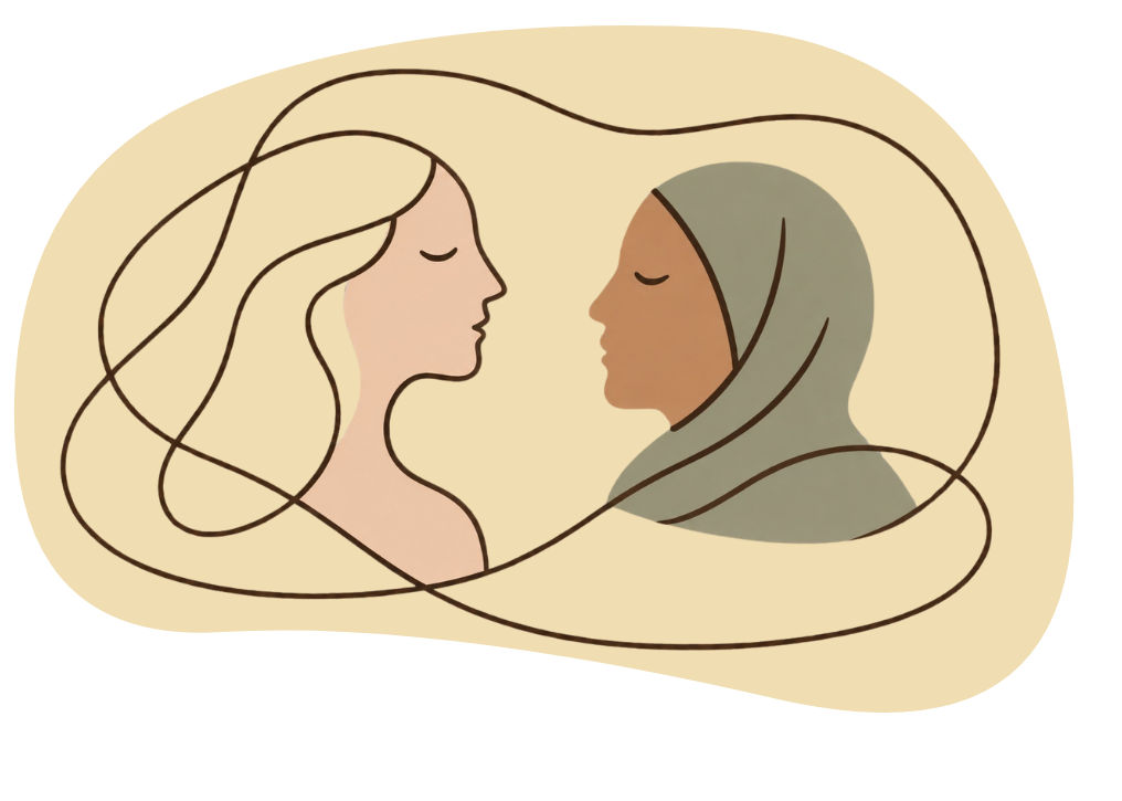 Illustration of two women facing each other with intertwined lines around their heads, one with light hair and one with darker skin and wearing a headscarf.