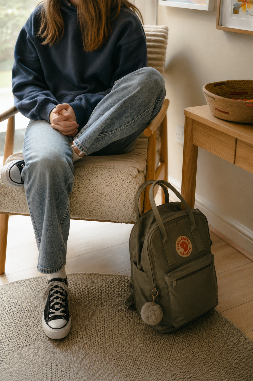 A person sitting on a wooden chair with their legs crossed, wearing a navy hoodie and jeans, next to a green backpack on the floor, in a room with wooden furniture and framed wall art.