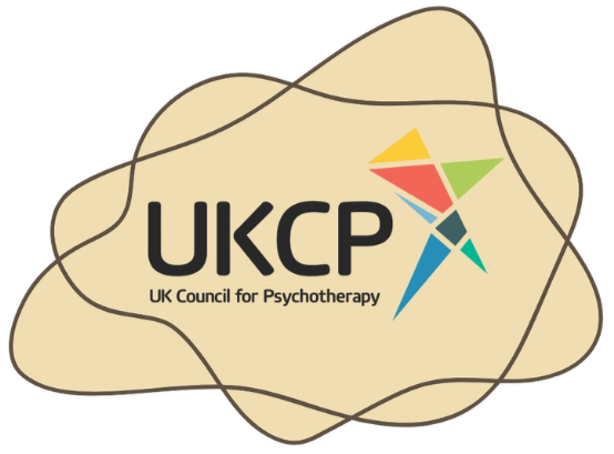 Logo of UKCP, the UK Council for Psychotherapy, with a colorful abstract design resembling a person and a cloud in the background.