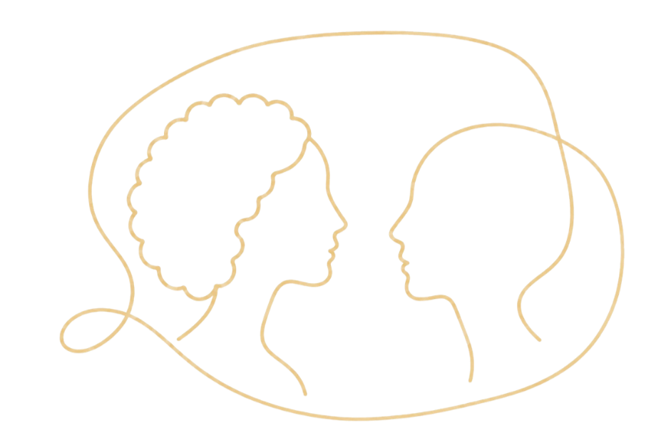 Line art of two women facing each other, enclosed in a single continuous line.