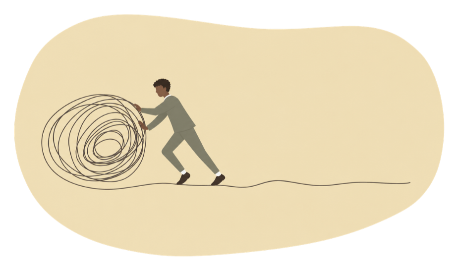 Illustration of a man in a gray suit pushing a large ball of tangled string on a beige background.