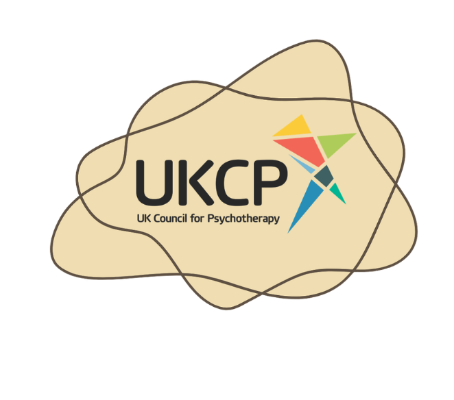 Logo of UKCP, the UK Council for Psychotherapy, featuring a colorful abstract symbol and the text 'UKCP UK Council for Psychotherapy' over a beige irregular background.