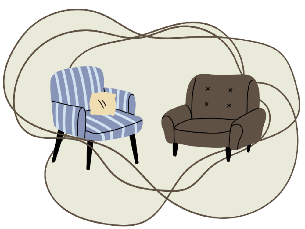 Illustration of two armchairs on a light-colored rug, with chaotic lines overhead representing tangled thoughts or confusion.