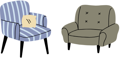 A blue striped armchair with a beige pillow and an unloved gray armchair. differ in color and design.