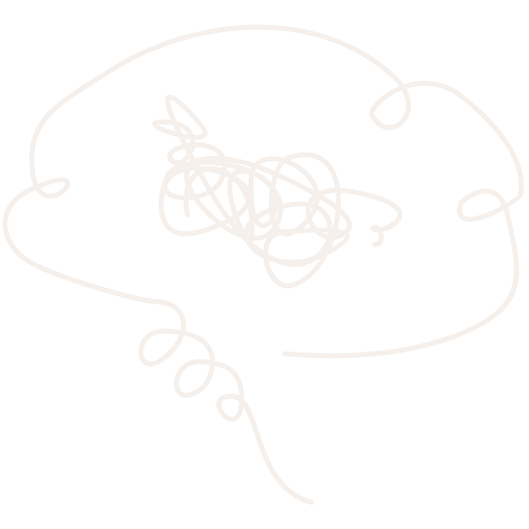 Abstract image of a human head profile made with continuous white line on black background, with scribbles inside representing a brain or thoughts.