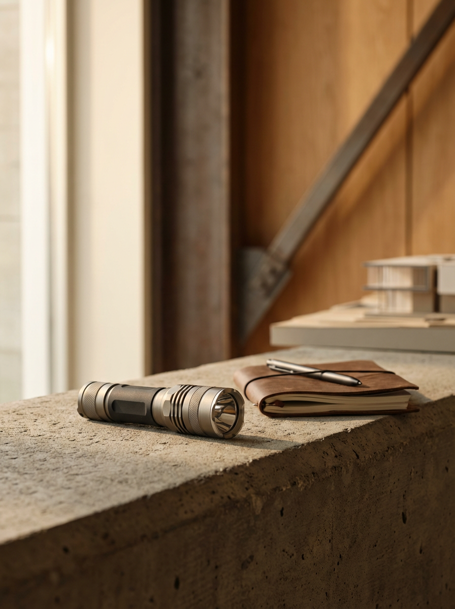 A silver flashlight, a closed brown notebook with a pen on top, and some books on a concrete surface in a rustic interior.