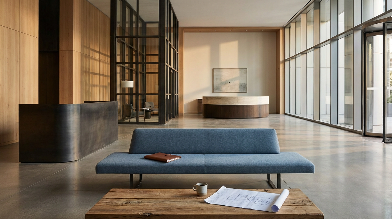 Modern hotel lobby with a blue sofa, wooden coffee table, and large glass windows.