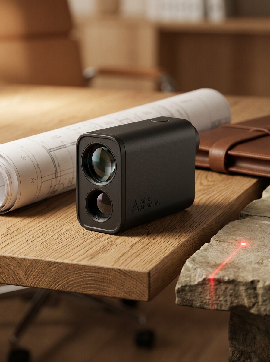 A black portable 3D scanner with the logo 'ABEX APPRAISAL' on a wooden desk, with a large rolled blueprint, a brown leather notebook, and a stone with a red laser line projecting onto it.