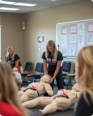 A woman demonstrating CPR on a doll in a classroom setting with other students observing.